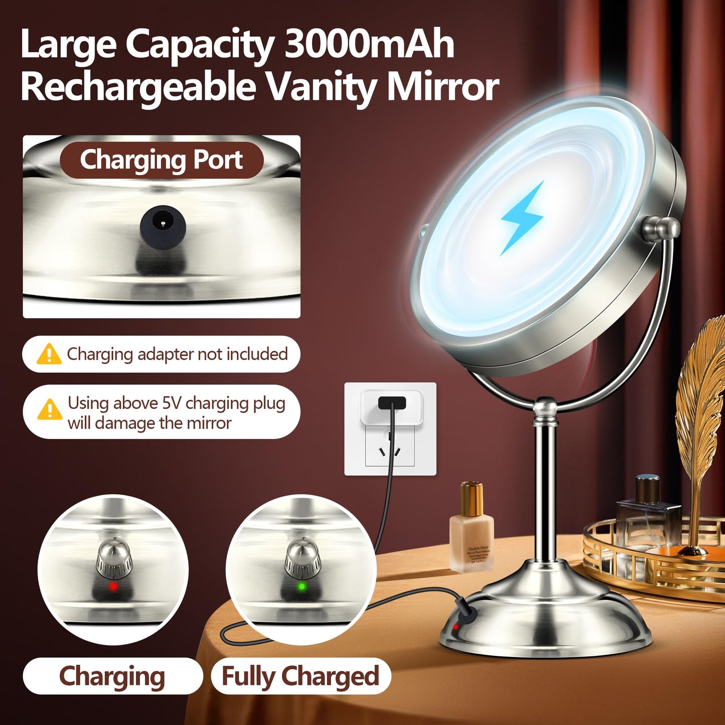 20x Large Lighted Makeup Mirror, Rechargeable 8.6" Magnifying Makeup Mirror, 30-Minute Timer,3 Color Modes, Adjustable Brightness, No Assembly Required, 360° Rotation Cosmetic Mirror, Pearl Nickel