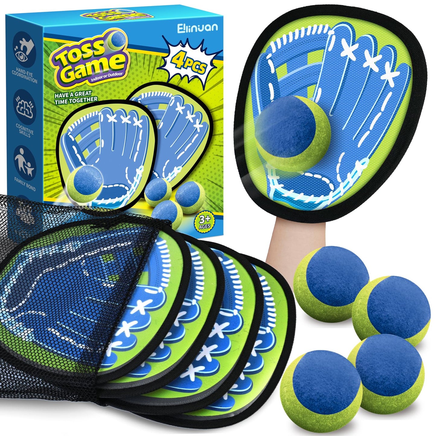 Ellinjan 4 Pack Catch Ball Game Set Baseball Training Gloves Outdoor Toys Summer Pool Yard Camping Sports Game