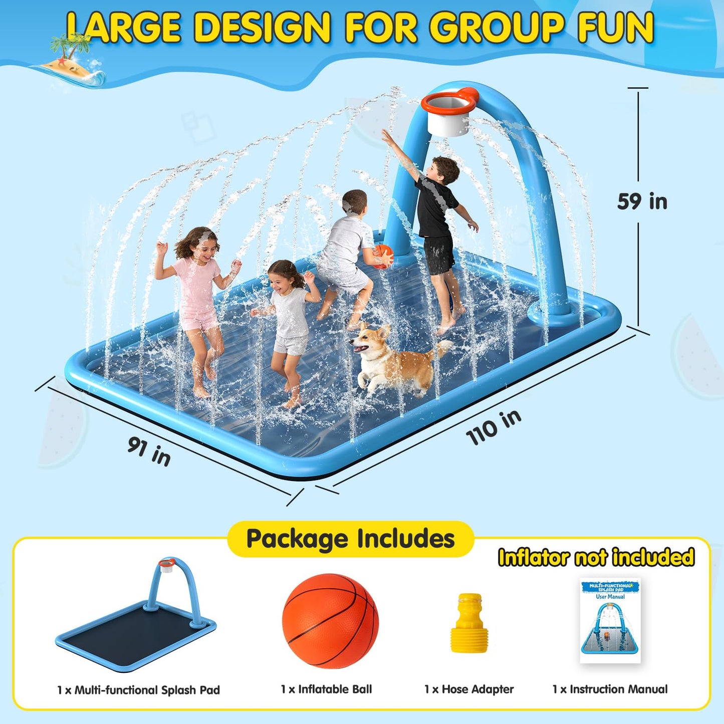 Instraella Splash Pad for Kids, 110 x 91'' Large 2-in-1 Sprinkler Mat with Basketball Hoop, Inflatable Splash Pad for Backyard Outdoor Water Play, Summer Water Toys for Boys and Girls