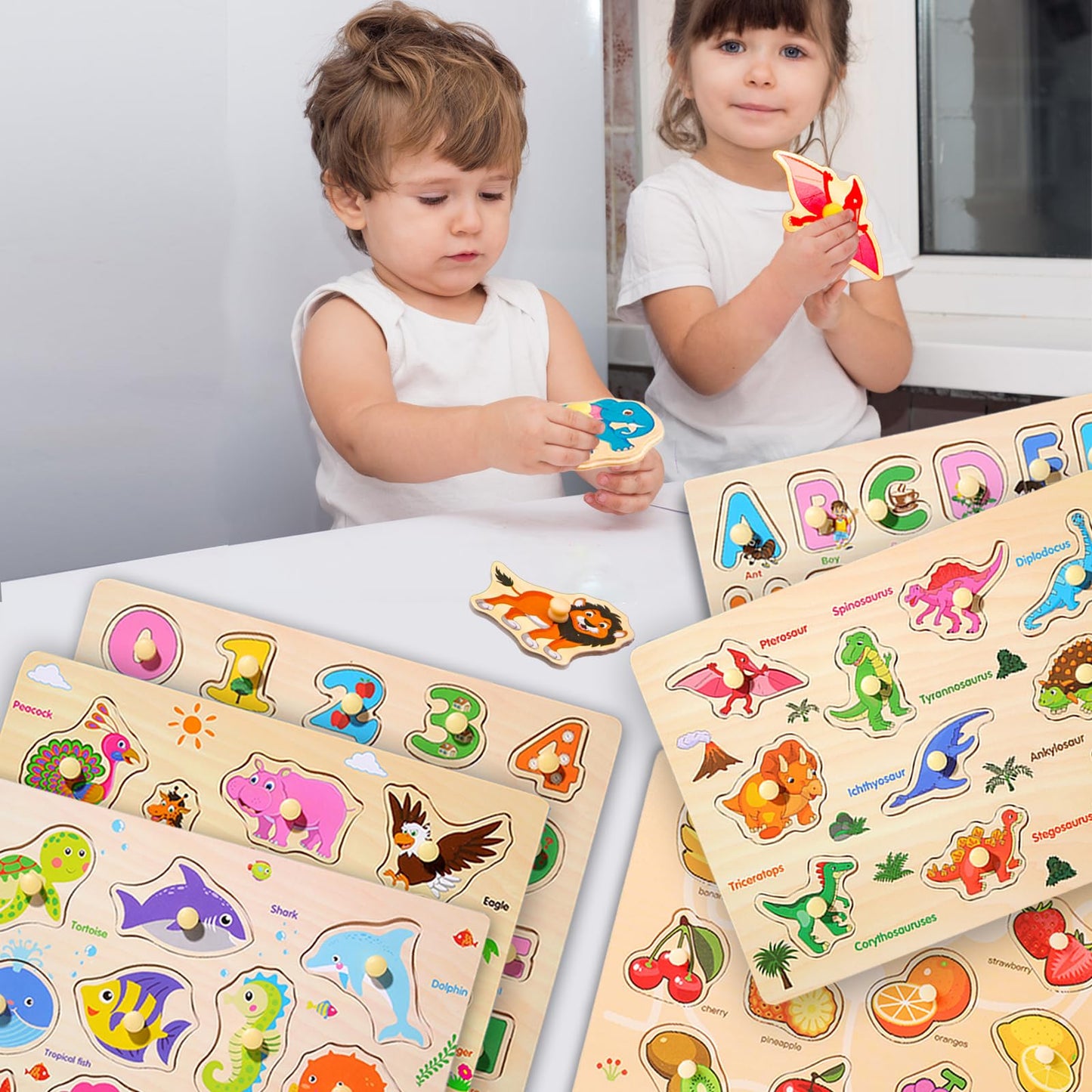 LOYUEGIYO 6PCS Toddler Wooden Peg Puzzle Toys for Age 2-4 3-5 Year Old Boys Girls,Educational Learning Sensory Toy,Puzzles for Toddlers Kids,Dinosaur&&Ocean&Alphabet&Number Shape&Animal&Fruit Puzzles