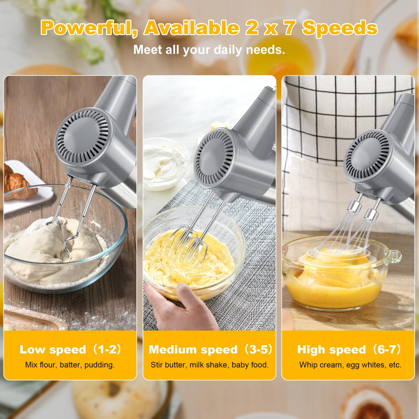 Cordless Electric Hand Mixer, 7 Speed Rechargeable Wireless Handheld Mixer with Eject Button, Long Battery, Quiet Anti-Splash, 6×304 Stainless Steel Attachments & Storage Base for Baking (Silver)