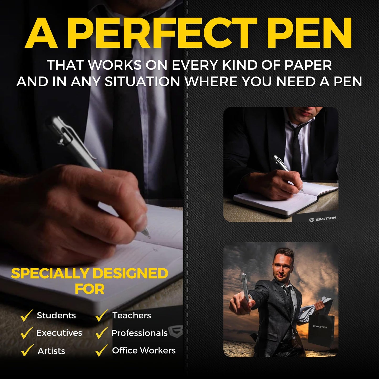 BASTION® Luxury Bolt Action Pen, Durable Professional Ballpoint Pen with Fine Tip, EDC Pen Ink Refillable Pen - 100% Stainless Steel