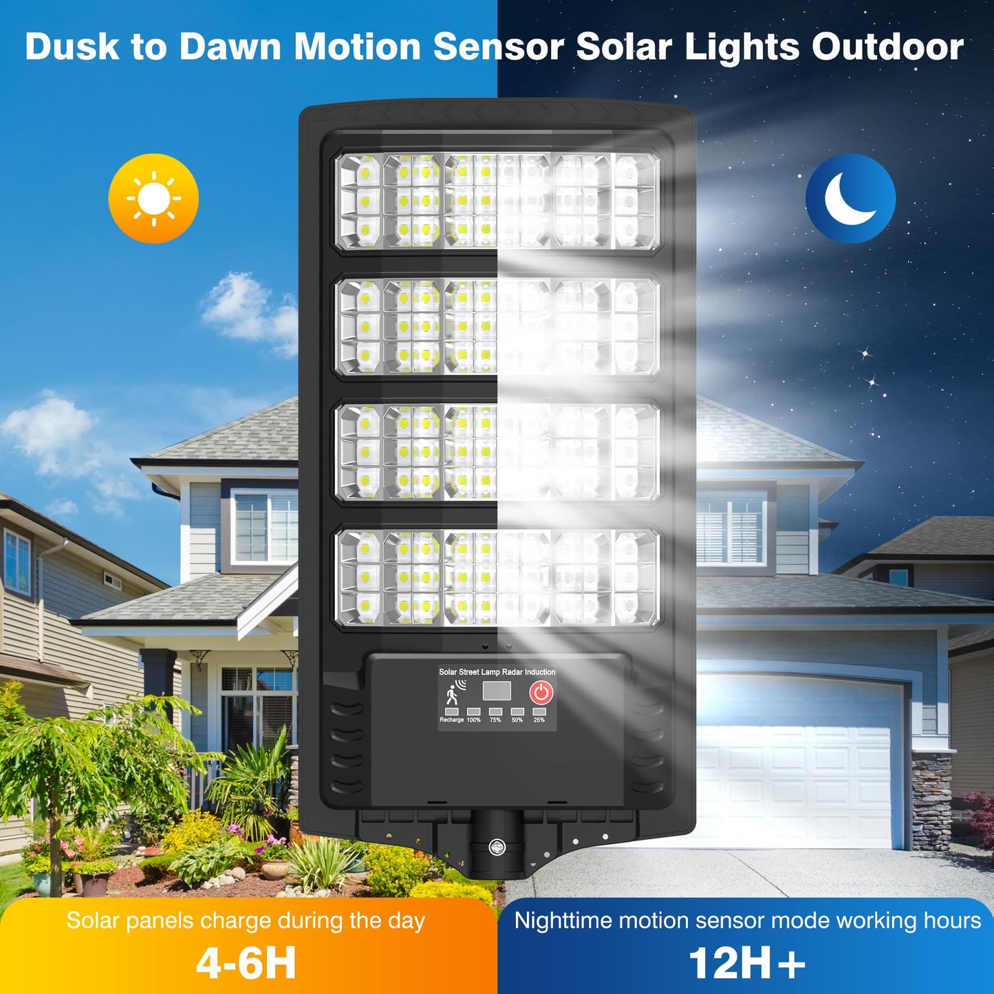 Solar Lights Outdoor - 6500K Solar Street Lights Outdoor Dusk to Dawn, 270° Wide Angle Security Flood Light IP66 Waterproof Solar Lights, Motion Sensor Led Street Lights For Yard/Road/Farm-2PACK