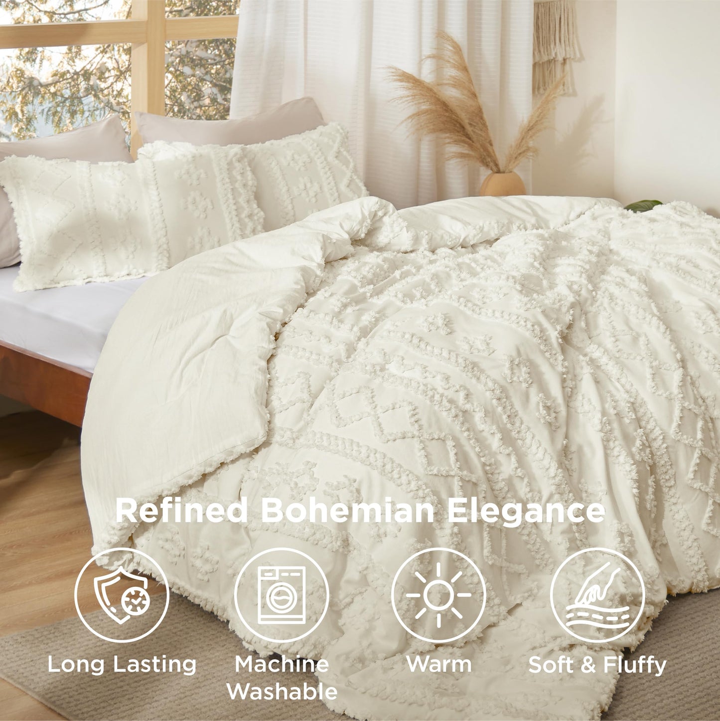 Bedsure Tufted Boho Comforter Set Queen Size - White Boho Bed Set, GentleSoft™ 3 Pieces Farmhouse-Style Embroidery Bedding, Gifts for Woman, Soft Jacquard Kids' Queen Comforter for All Seasons