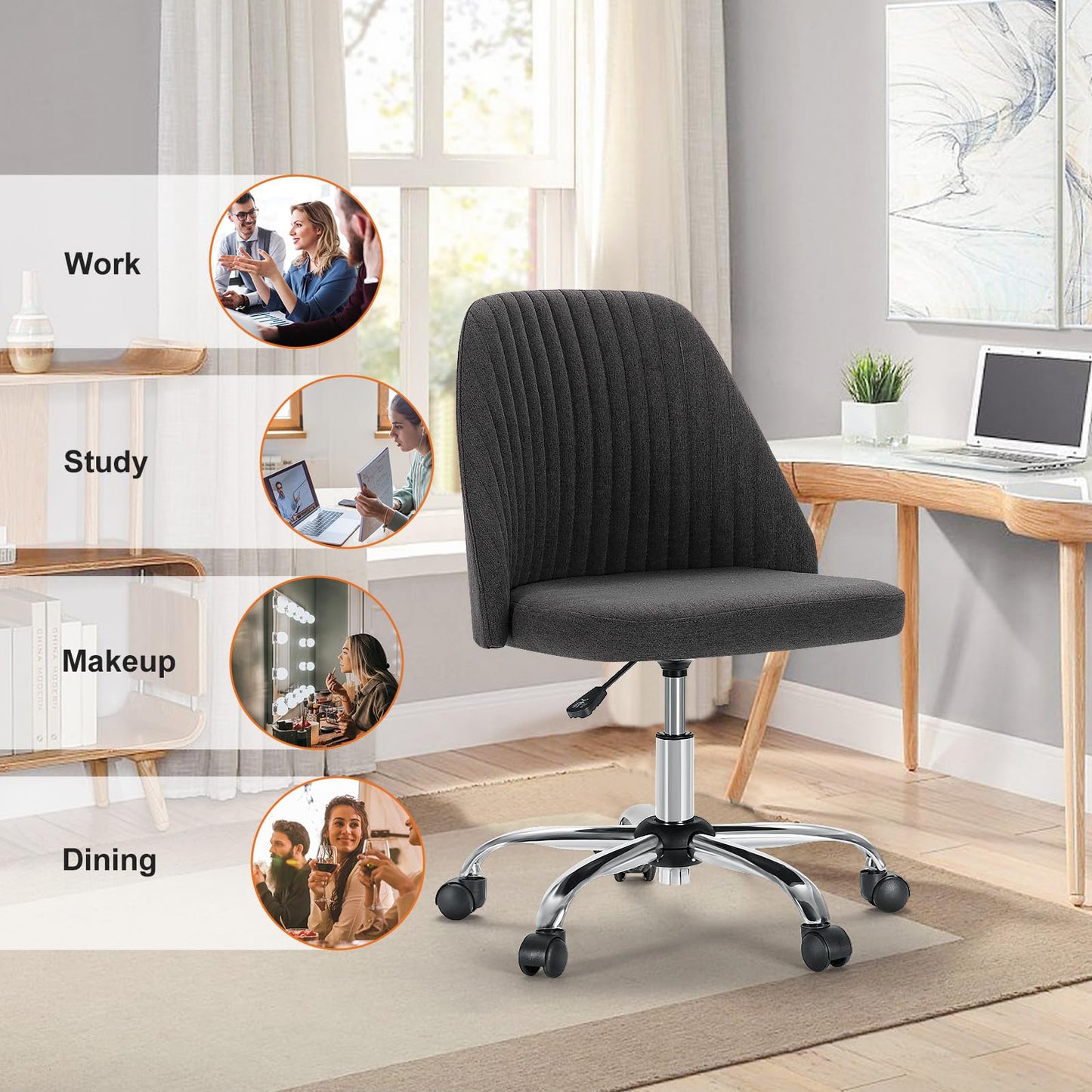 Sweetcrispy Armless Vanity Chair, Cute Comfy Home Office Desk Chair with Wheels, Modern Upholstered Task Computer Seat for Bedroom, Study, Makeup Vanity, Height Adjustable & Swivel, Deep Gray