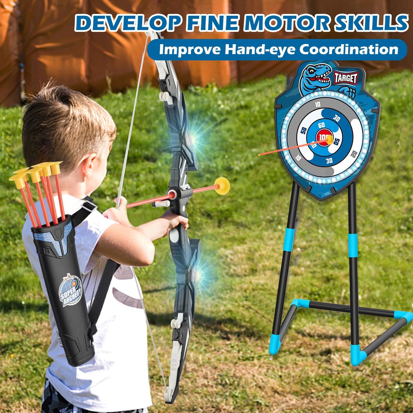 Kids LED Standing Archery Set with Bow & Arrows – Outdoor Sports Toy for Boys & Girls Ages 4-12, Safe & Fun Target Practice Game, Blue