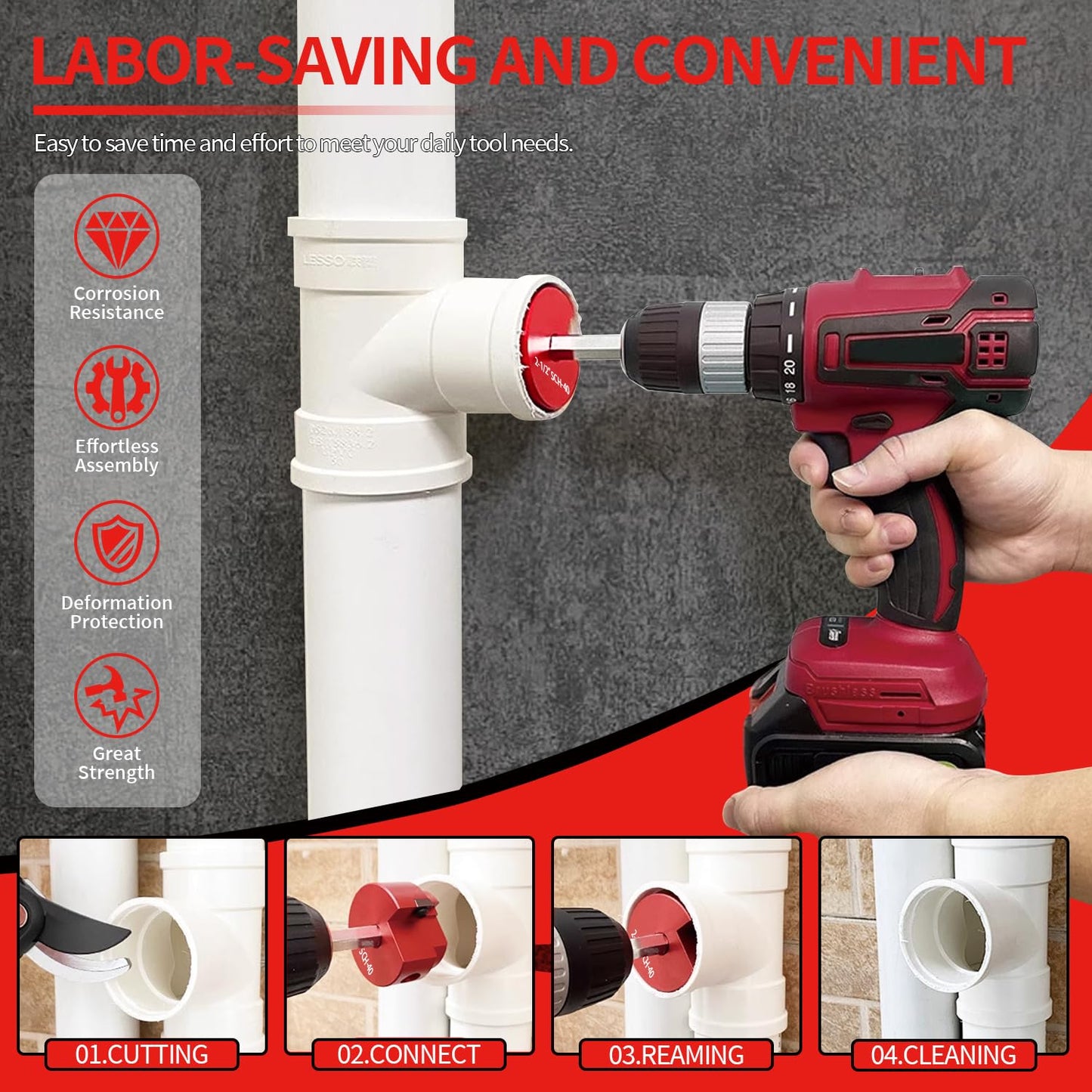 9 PCS PVC Pipe Reamer Kit, Fitting Saver Contains 1/2",3/4'', 1'',1-1/4",1-1/2'',2'', 2-1/2", 3'', 4'' Head Reamers, Plumbing Tools for Standard 1/2" Drills,Suit for PVC,CPVC, PP, PE and ABS Pipes