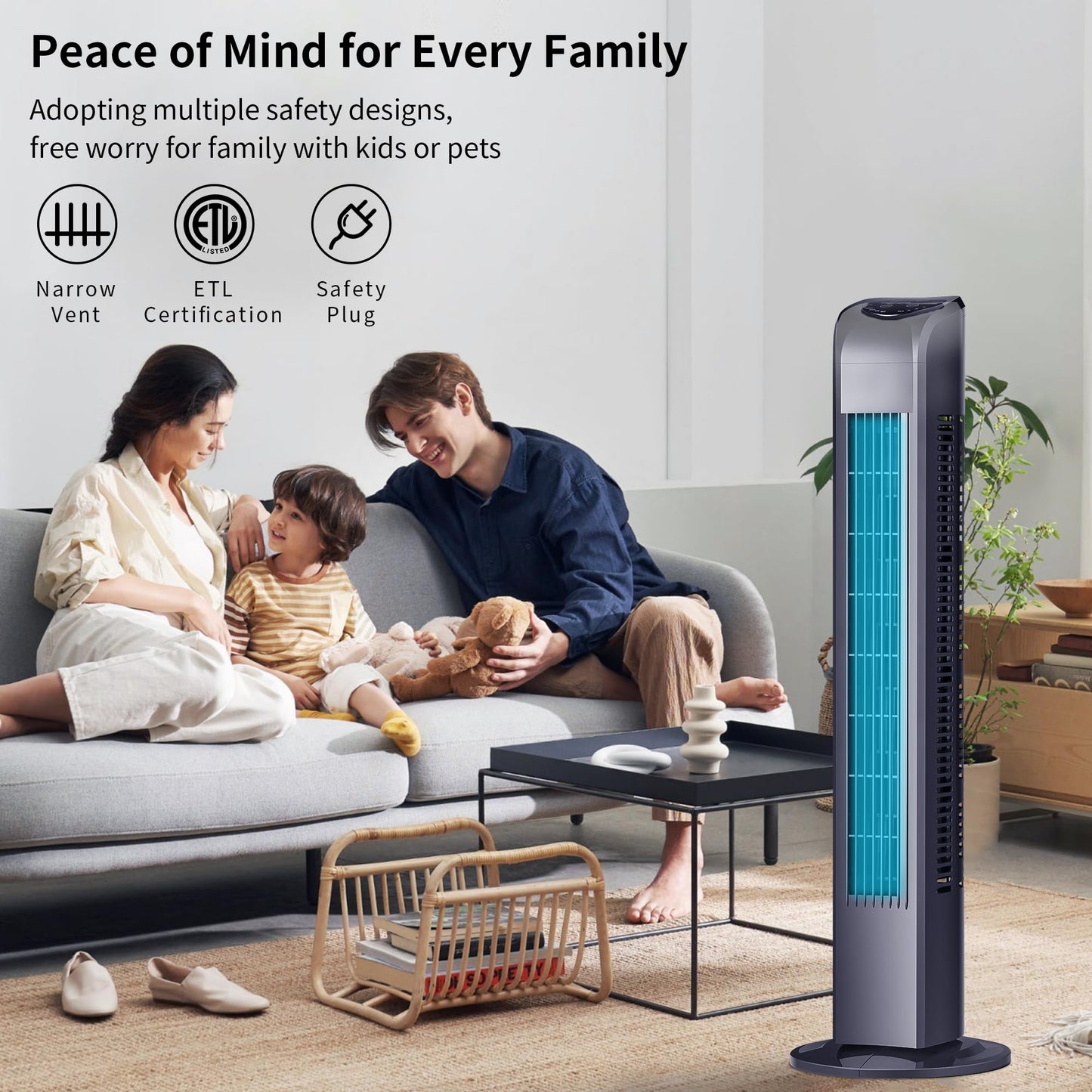 Uthfy Oscillating Tower Fan for Bedroom, Portable Standing Fan with Remote, 3 Modes 3 Speeds, 7.5H Timer, 120° Quiet Cooling for Living room, Office, Black