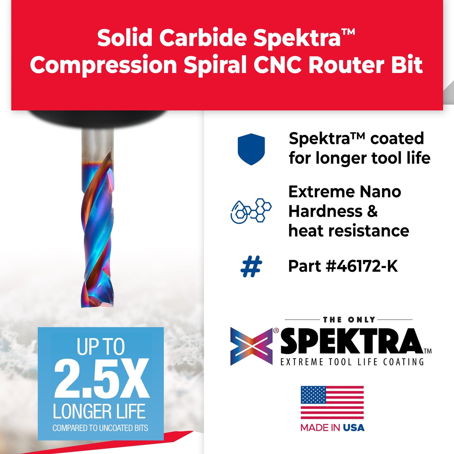Amana Tool Spektra Extreme Tool Life Coated Solid Carbide CNC Compression Spiral Router Bit, 46172-K, 3/8 D x 1-1/4 CH x 3/8 SHK x 3 Inch Long 2 Flute