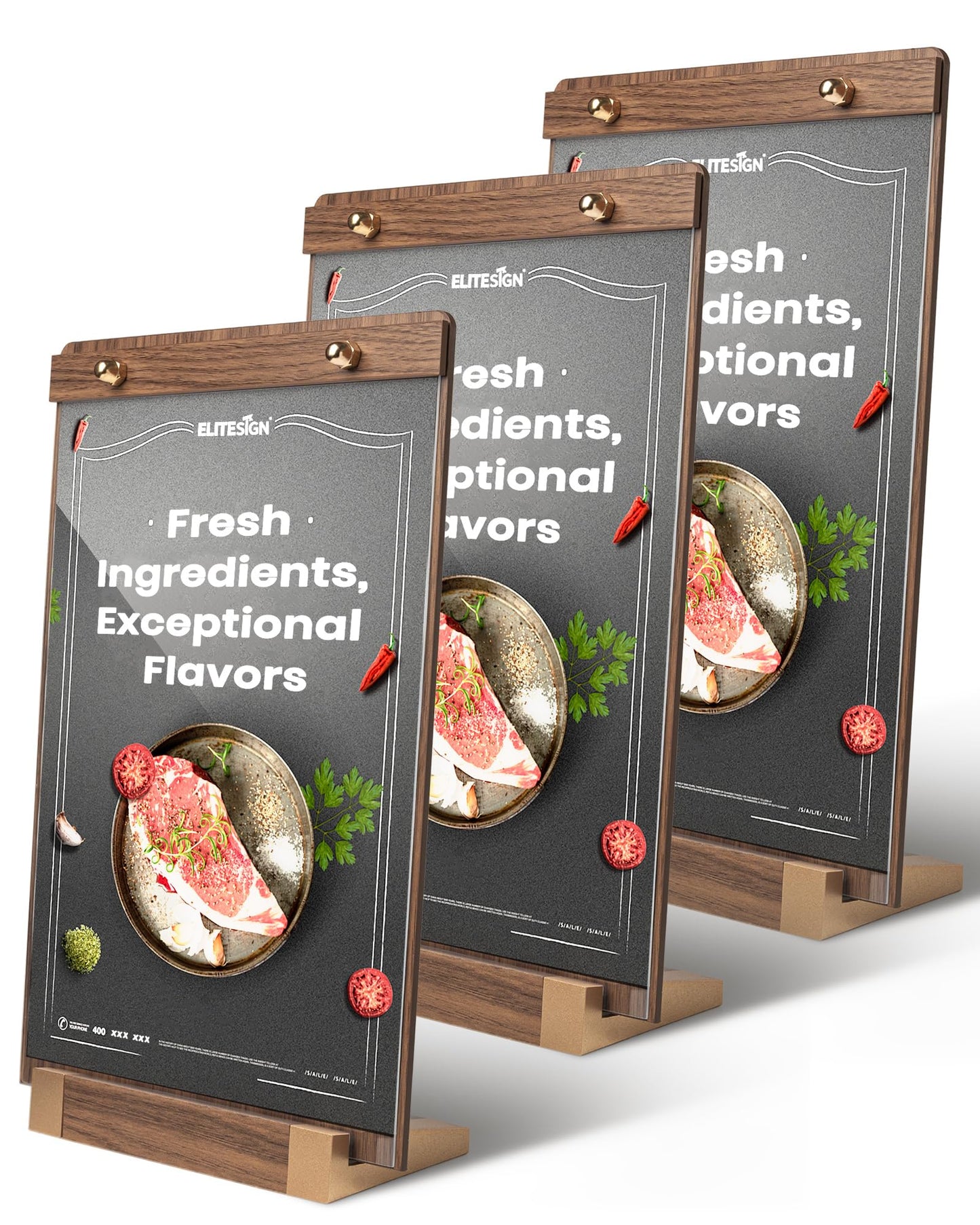 EliteSign Acrylic Sign Holder 8.5 x 11 with Walnut Wood Base, Clear Plastic Commercial Display Stand for Menu, Poster, Flyer, Table Paper Frame for Restaurant, Office, Store, Bar, Wedding (3pk)