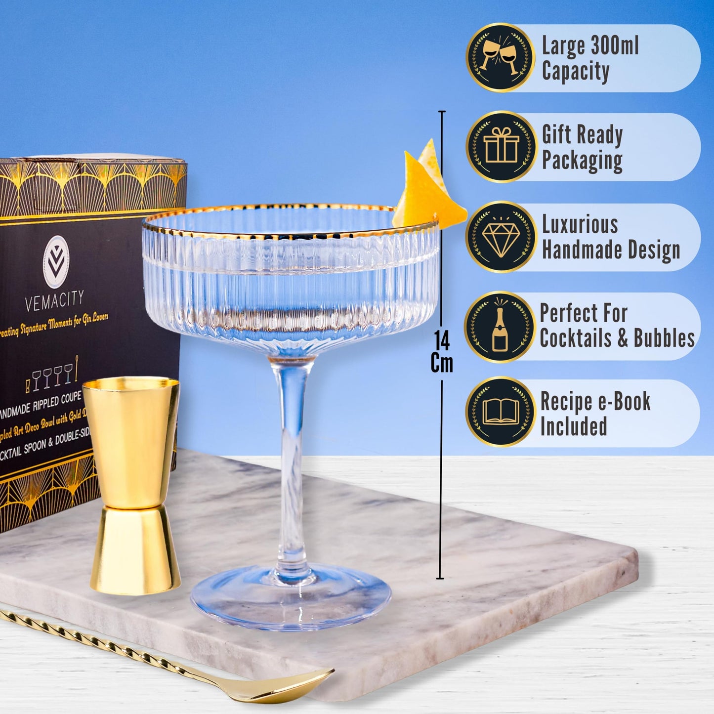 VEMACITY Ribbed Espresso Martini Glasses set of 4 with Gold Rims & Bar Tools | Beautiful Ribbed Coupe Glasses Set of 4 (10oz) | Versatile Champagne, Cosmopolitan, Margarita, Coupe Martini Glassware