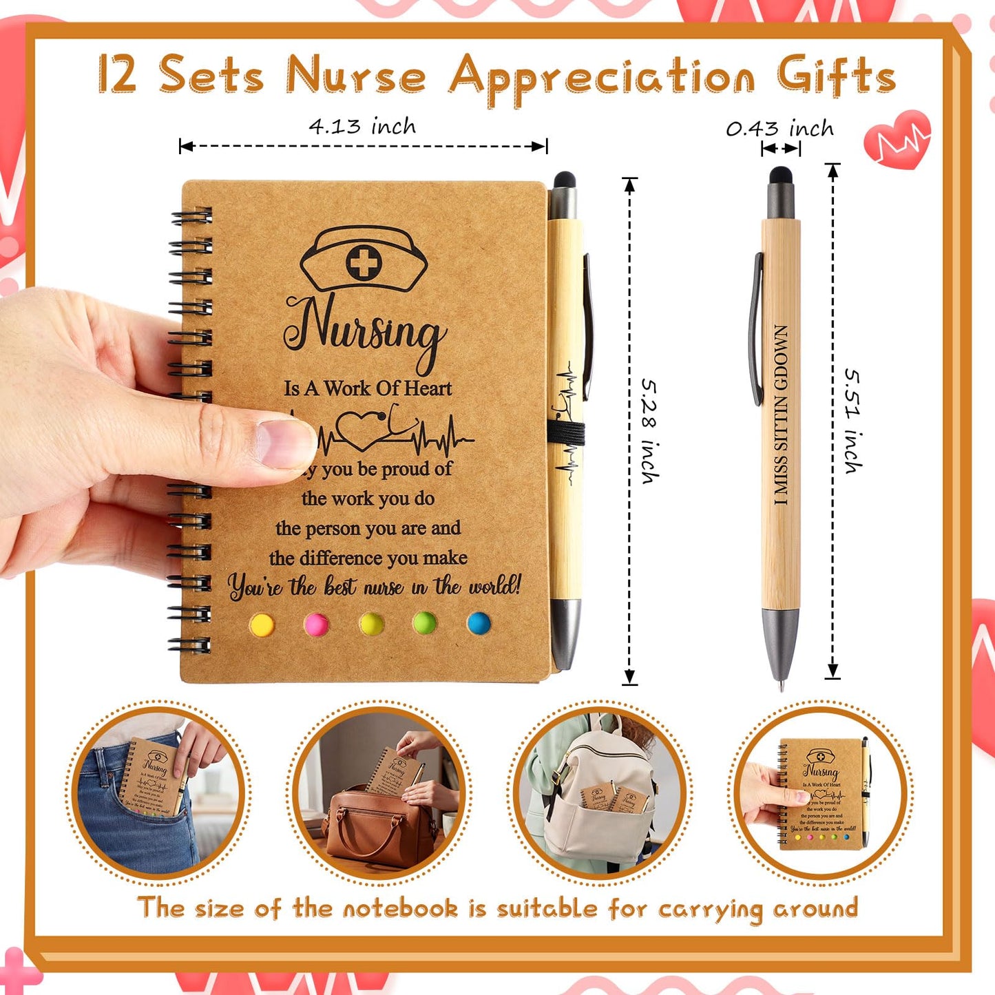 Resurhang 12 Sets/36 Pcs Nurse Week Appreciation Gifts Bulk Inspirational Spiral Notebook with Sticky Note, Ballpoint Pens and 17 oz Clear Glass Cup Thank You Gift for Medical Assistant Coworker
