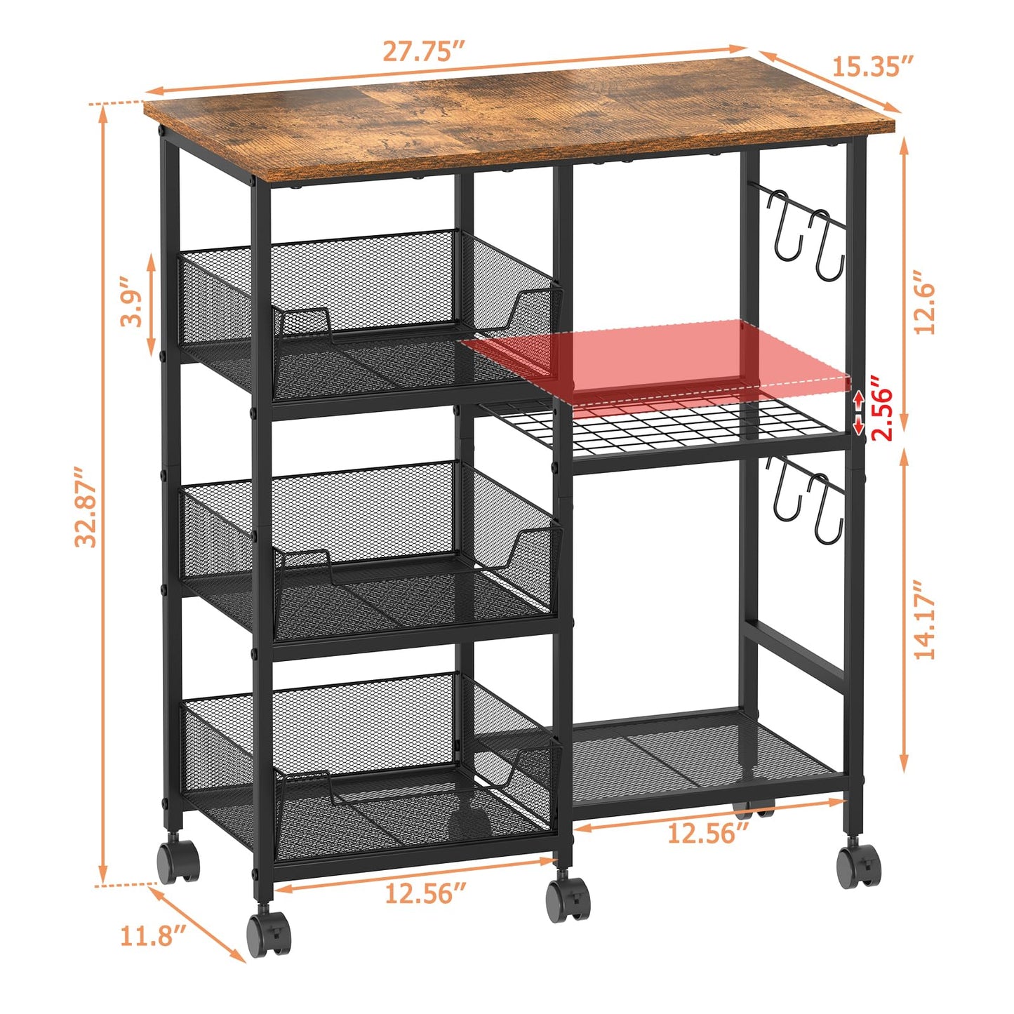Rolling Kitchen Storage Microwave Cart, Kitchen Island with Adjustable Shelf on Lockable Wheels, Countertop 27.75"L × 15.35"W, Bakers Rack with Tilt-Out Baskets, for Kitchen, Coffee Bar, Living room