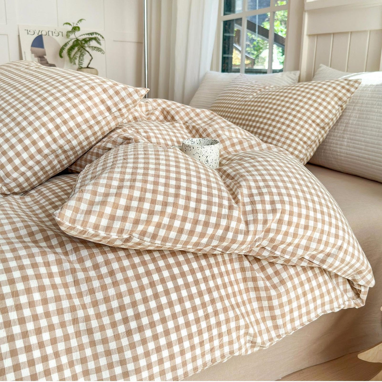 LifeTB Queen Comforter Set Tan Gingham Comforter Modern Style Beige Plaid Comforter Set 3 Pieces Fluffy Grid Checkered Comforter with 2 Pillowcases Boho Gingham Bedding Set Queen Size