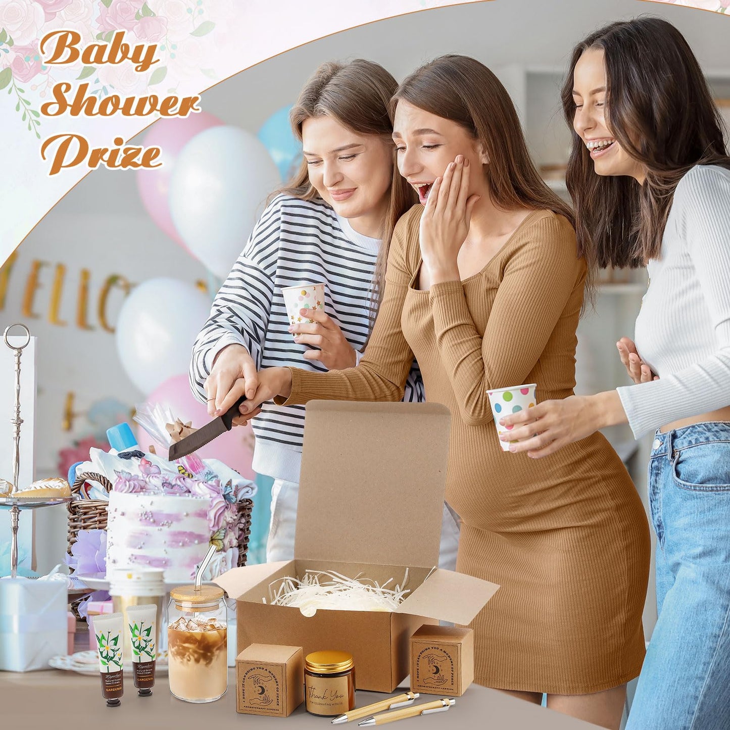 Reallnaive 6 Sets Baby Shower Prizes for Game Winners, Baby Shower Favors Including Glass Cup Scented Candles Hand Cream Pens Gift Box with Raffia for Gender Reveal Wedding Bridal Party Prizes(Khaki)