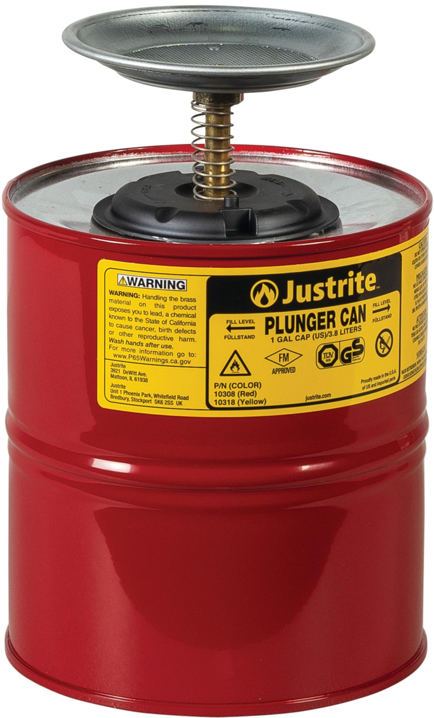 Justrite Plunger Can for Solvents, 1 Gallon Capacity, 10.5" x 7.25" Steel Push-Down Solvent Dispenser Can, Made in The USA Industrial Mechanic Tools, Red, 10308
