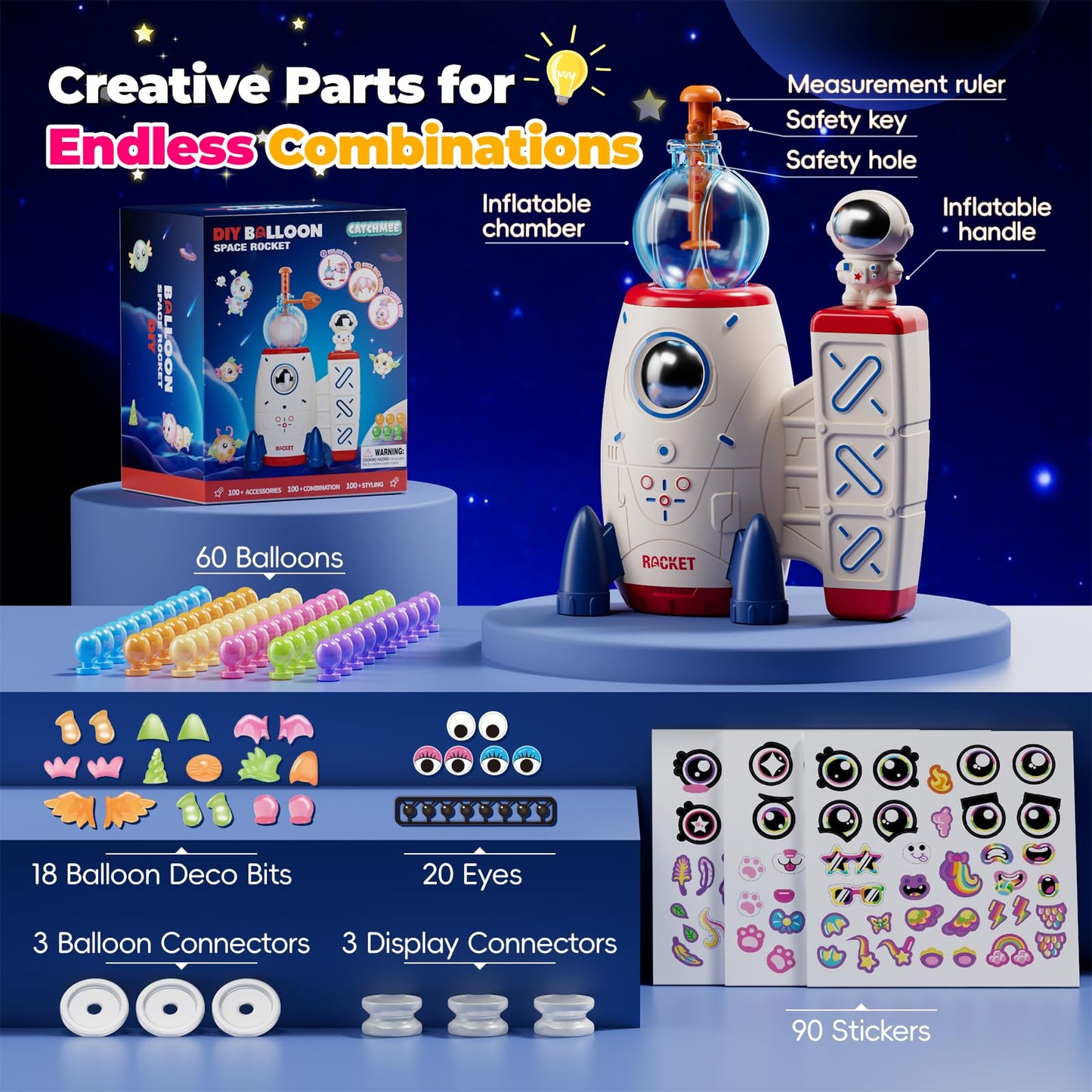 DIY Space Magic Balloon Craft Kit, Sticker Decorated Balloons Toy for Kids, Rocket Air Pump Fun with Balloon Monster Pals, DIY Creative Activity, Birthday Gifts for Girls Boys Ages 3+