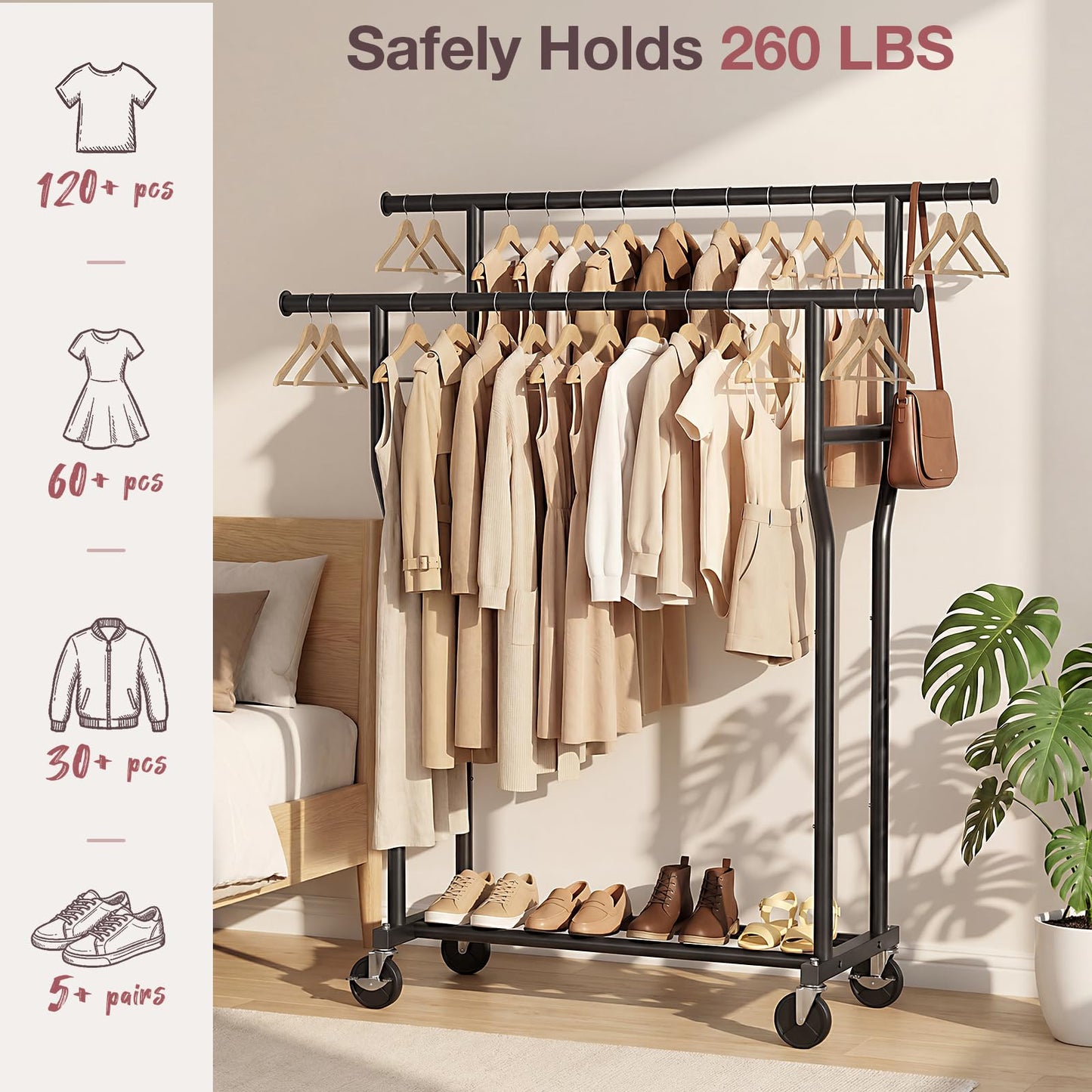 WATIOWL Clothes Rack, Double Rods Rolling Clothing Rack for Hanging Clothes Load 260 LBS Closet Rack with Wheels, Metal Portable Garment Rack for Bedroom Laundry Living Room, Black