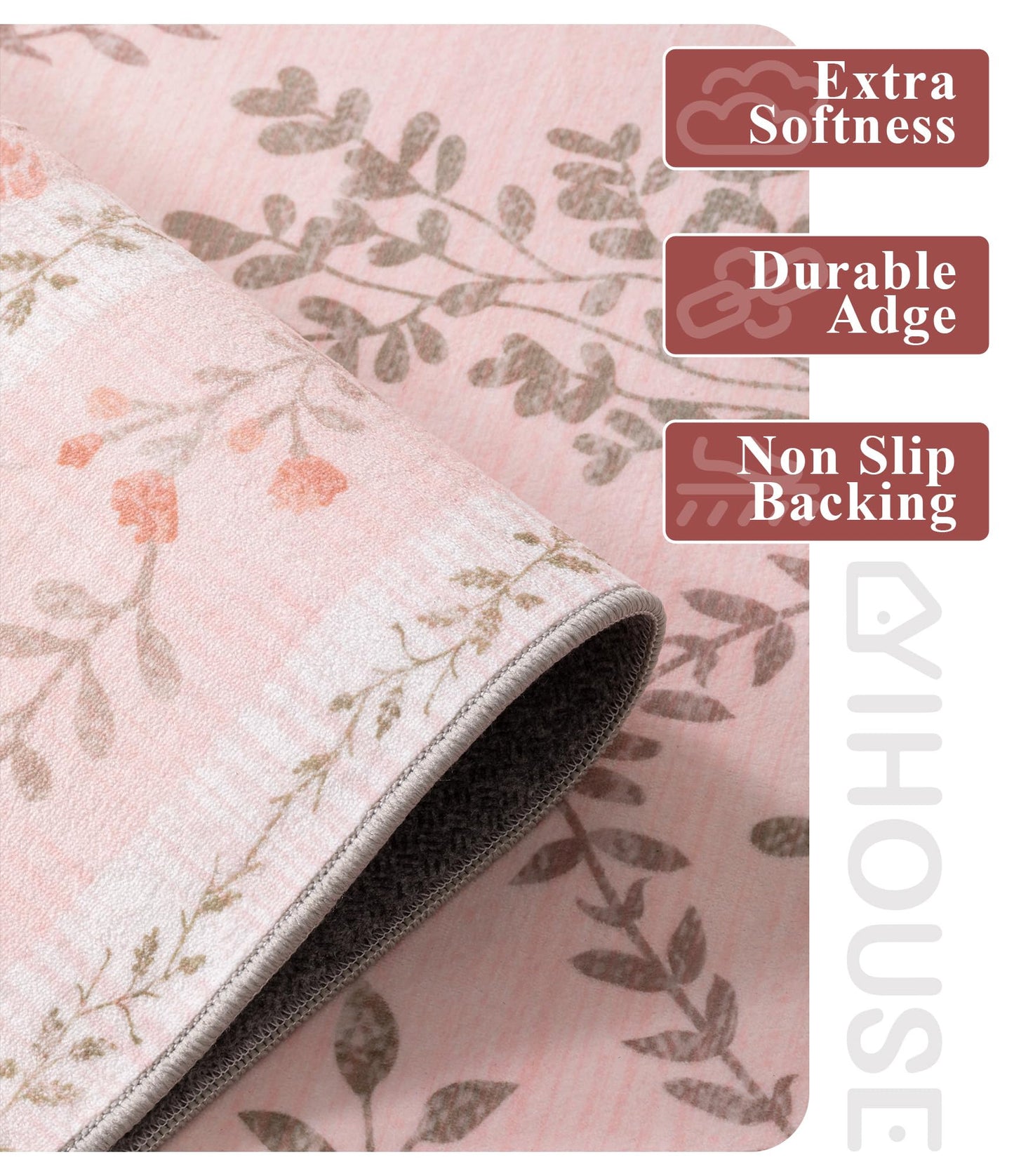 YIHOUSE 5x7 Pink Floral Rug for Bedroom Girls, Washable Area Rugs for Living Room Non Slip Ultra-Thin, Soft Throw Carpet for Nursery, Kids Playroom, Classroom, Home Office Decor