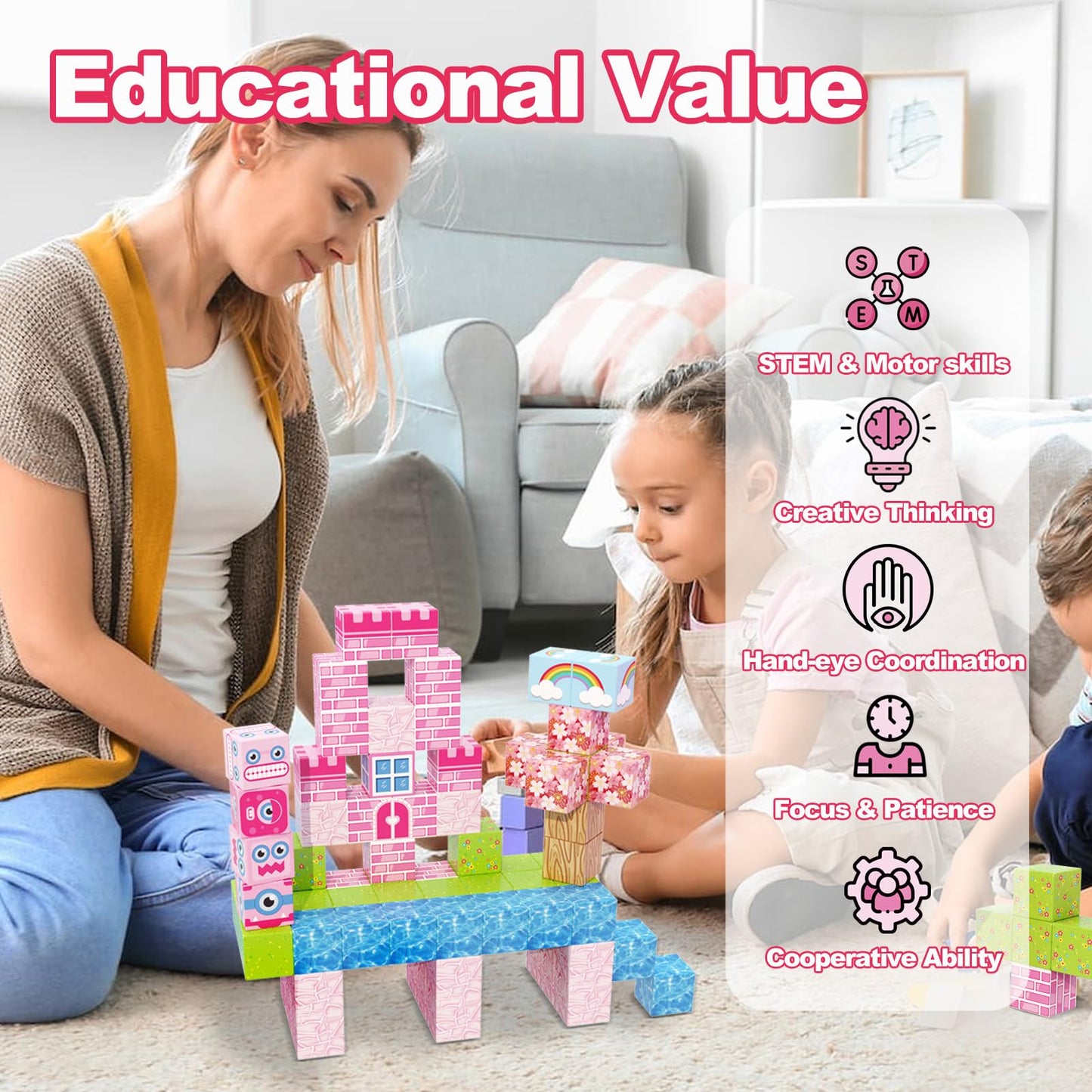 WSHIMIN 100 PCS Magnetic Building Blocks for Kids Ages 4-8, Princess Castle Garden Magnet STEM Sensory Toys-Magnetic Castle Princess, Christmas Birthday Gifts Toy for Girls & Boys 3+ Ages