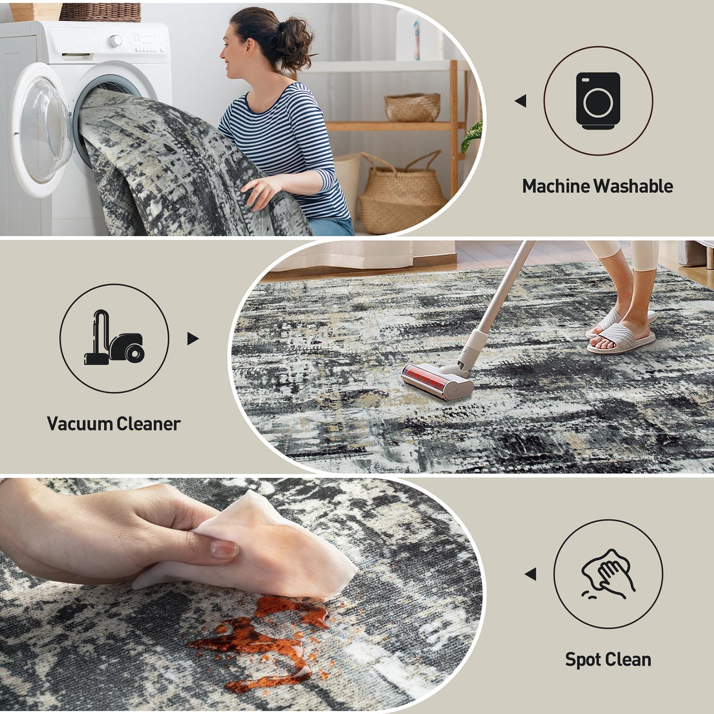 5x7 Area Rugs Washable Rug: Modern Abstract Living Room Rug Soft Anti-Skid Thin Carpet Indoor Floor Non-Shedding Carpets for Bedroom Dining Room Farmhouse Nursery Home Office Black Grey Gold