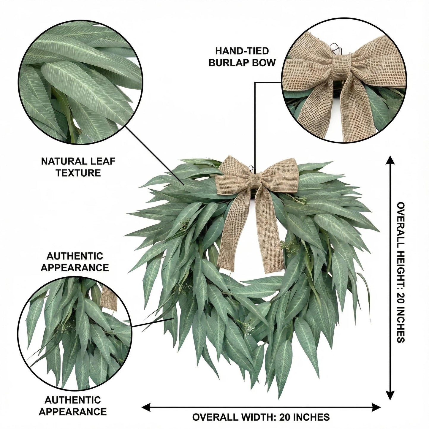 Heart Shaped Artificial Eucalyptus Wreath 20 Inch – Faux Willow Leaves with Burlap Bow, Farmhouse Greenery Door Wreath for Front Door, St. Patrick’s Day, Wedding & Seasonal Home Decor