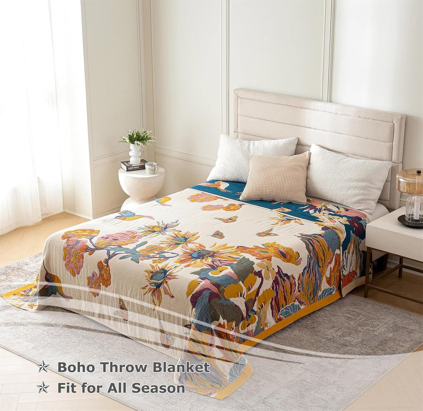 King Throw Blanket for Bed 100% Cotton Boho Ultra Soft Rustic Quilt Butterfly and Floral Double Embroidery Fall King Bed Blanket,90"×108" All Season Blankets for Bedding Couch