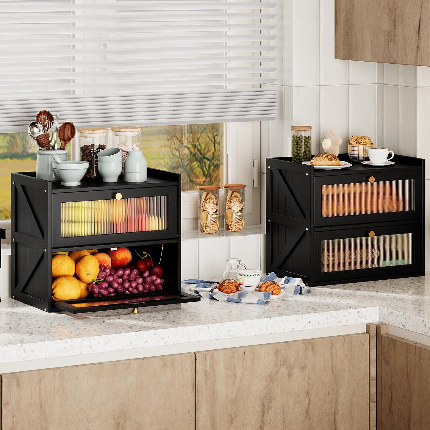 Trironsun Double Layer Bread Box for Kitchen Counter Black Bread Storage Container with Acrylic Door Large Farmhouse Breadbox Organizer Bread Holder (Black)