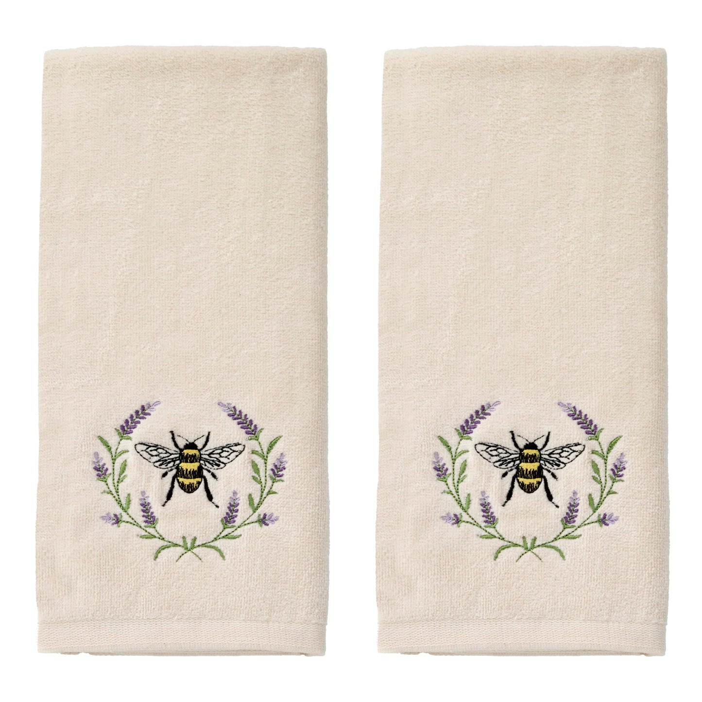 SKL Home Bee Lavender 100% Cotton Embroidered 2pc Hand Towel Set, Decorative for Bath/Kitchen/Bar & Gift, Natural