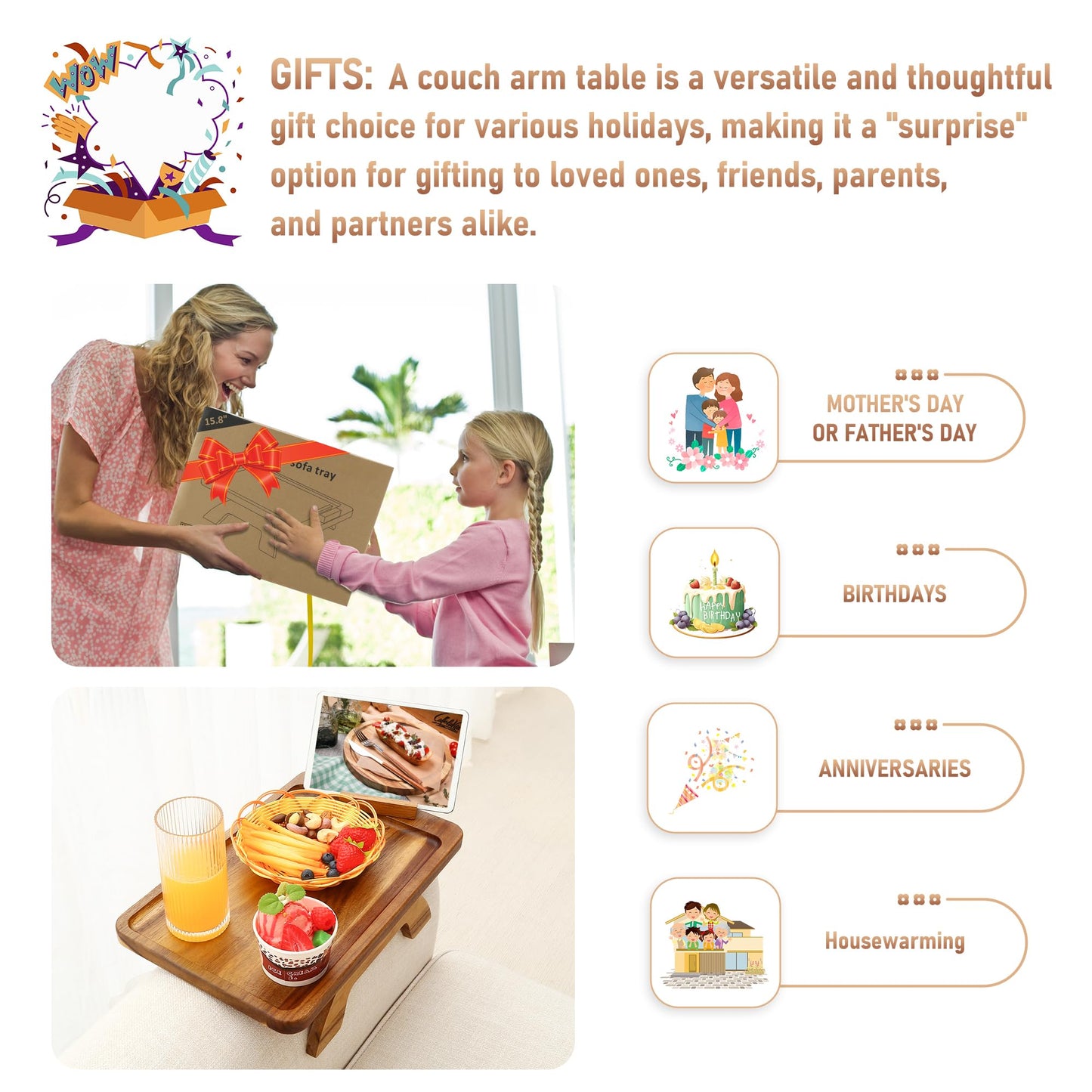 SINWANT Couch Arm Table, Acacia Wood Sofa Arm Rest Tables Couch Armrest Table with 360° Phone Holder,Portable Sofa Armrest Tray for Drink Snacks
