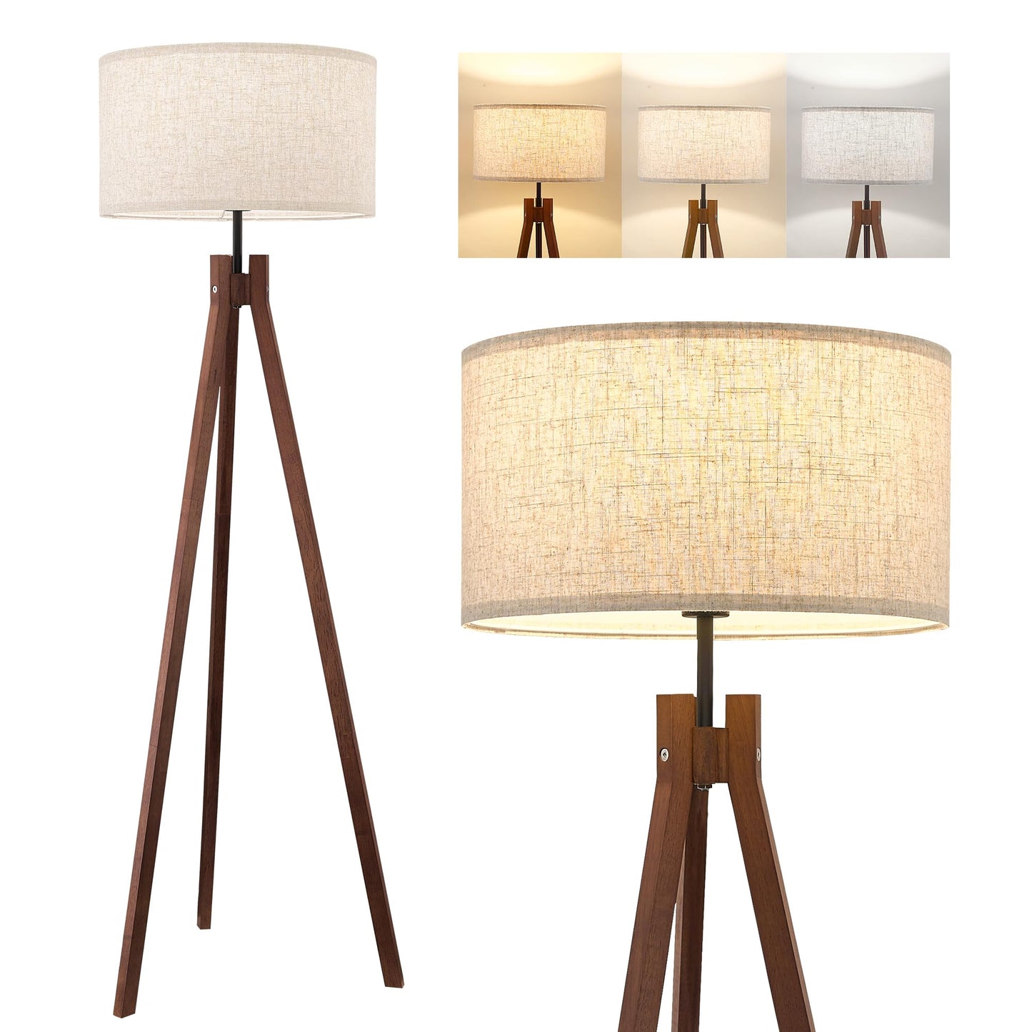ELYONA Wood Tripod Floor Lamp, Mid Century Reading Standing Lamp with 3 Color Temperatures & Linen Shade, Modern Night Light for Bedroom, Farmhouse, Living Room, Office, 9W LED Bulb Included, Brown
