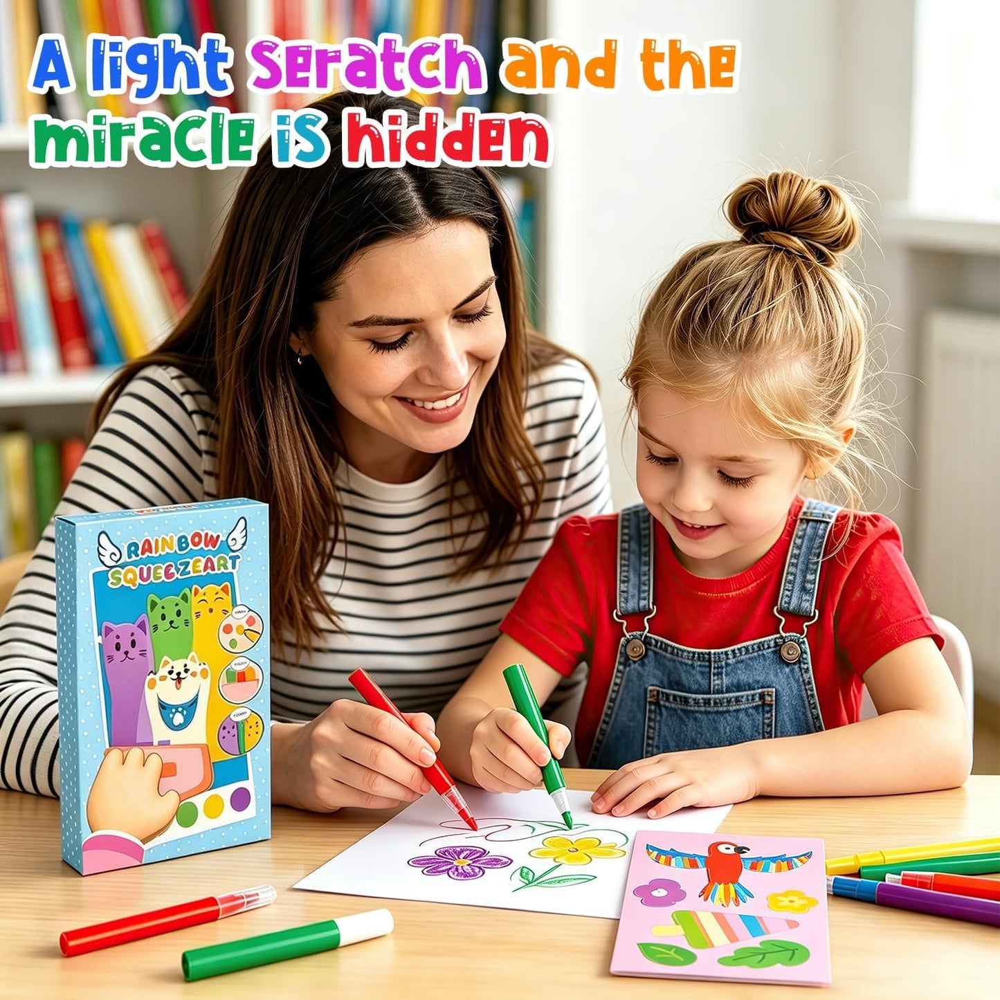 Rainbow Squeeze Art Kit, 2026 Upgrade Magic Rainbow Scratch Paper Art Set, Creative Squeegee Painting Kit DIY Postcards Scratch for Birthday Party Favors (Pink+Blue)