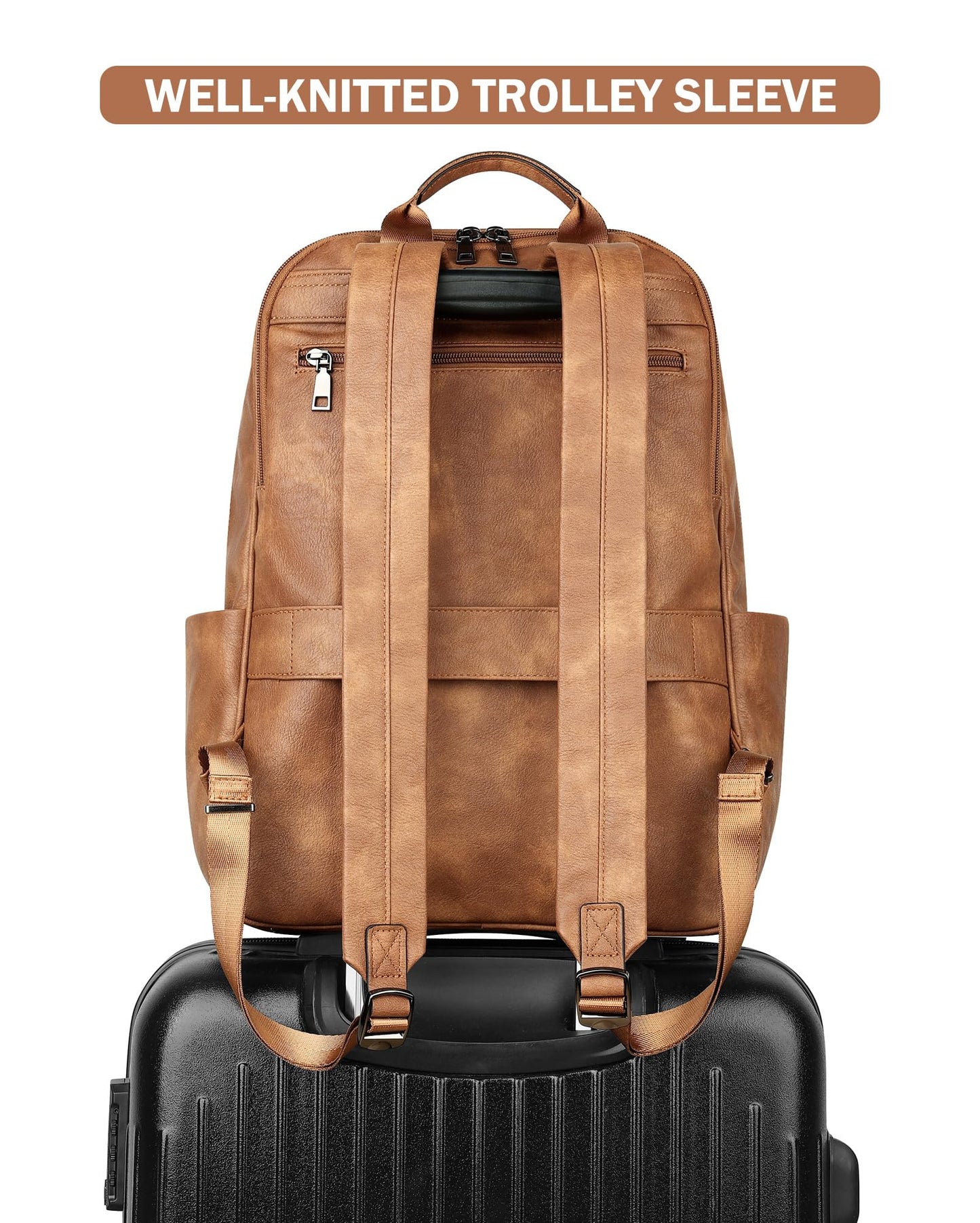 MASINTOR 15.6 inch Leather Laptop Backpack Purse for Women, Designer Travel and Work Bag with Laptop Compartment Mocha Brown