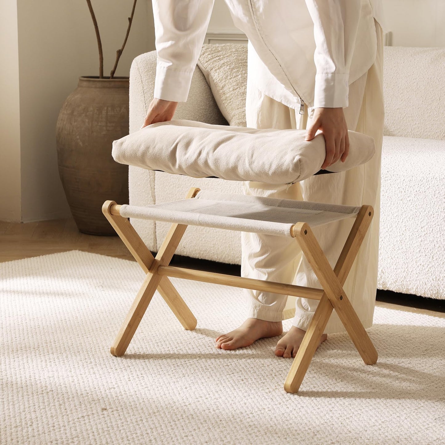 Baveke Folding Upholstered Footrest Stool, Small Accent Ottoman with Thick Cotton Cushion & Bamboo X Legs, Modern Padded Sofa Stool for Makeup Bedroom Living Room (Beige)