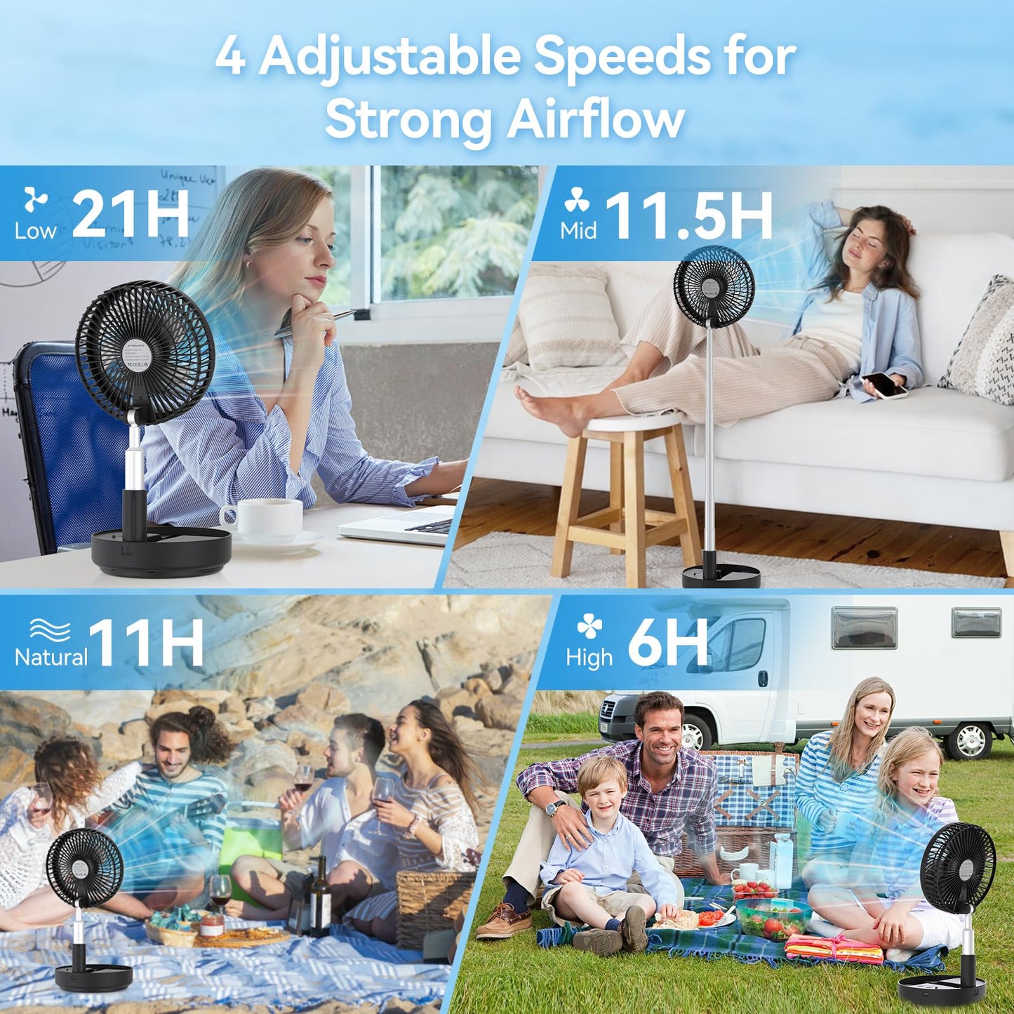 Primelove Portable Oscillating Rechargeable Fan, Battery Operated with 4 Speed Settings & Remote Control, Desk Travel Pedestal Fan for Sleeping, Camping, Cruise, RV - Black 8" USB C