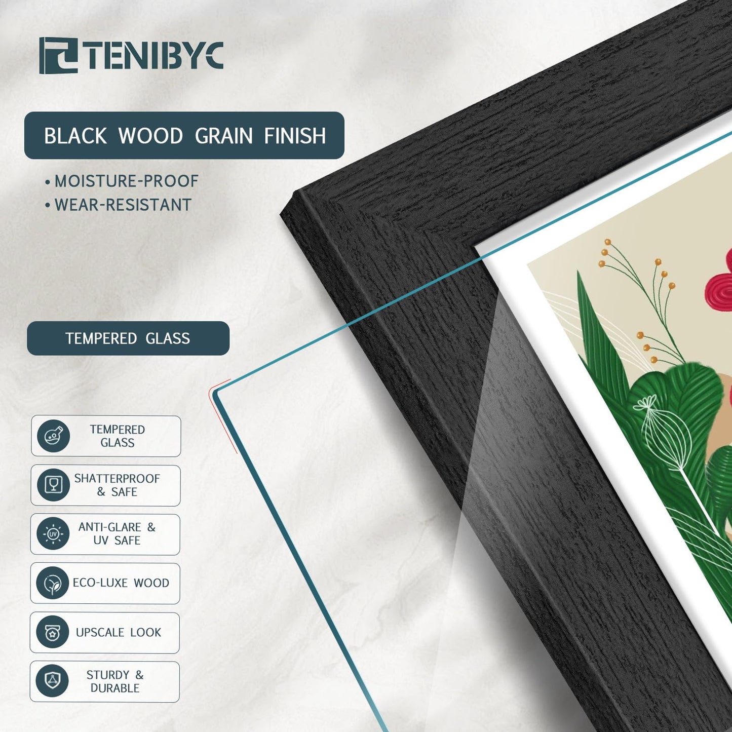 TENIBYC 8.5x11 Picture Frame Black - 4 Pack, HD Tempered Glass, Elegant Wood Grain Photo Frame, Suitable for Certificate Document, Table or Wall Display