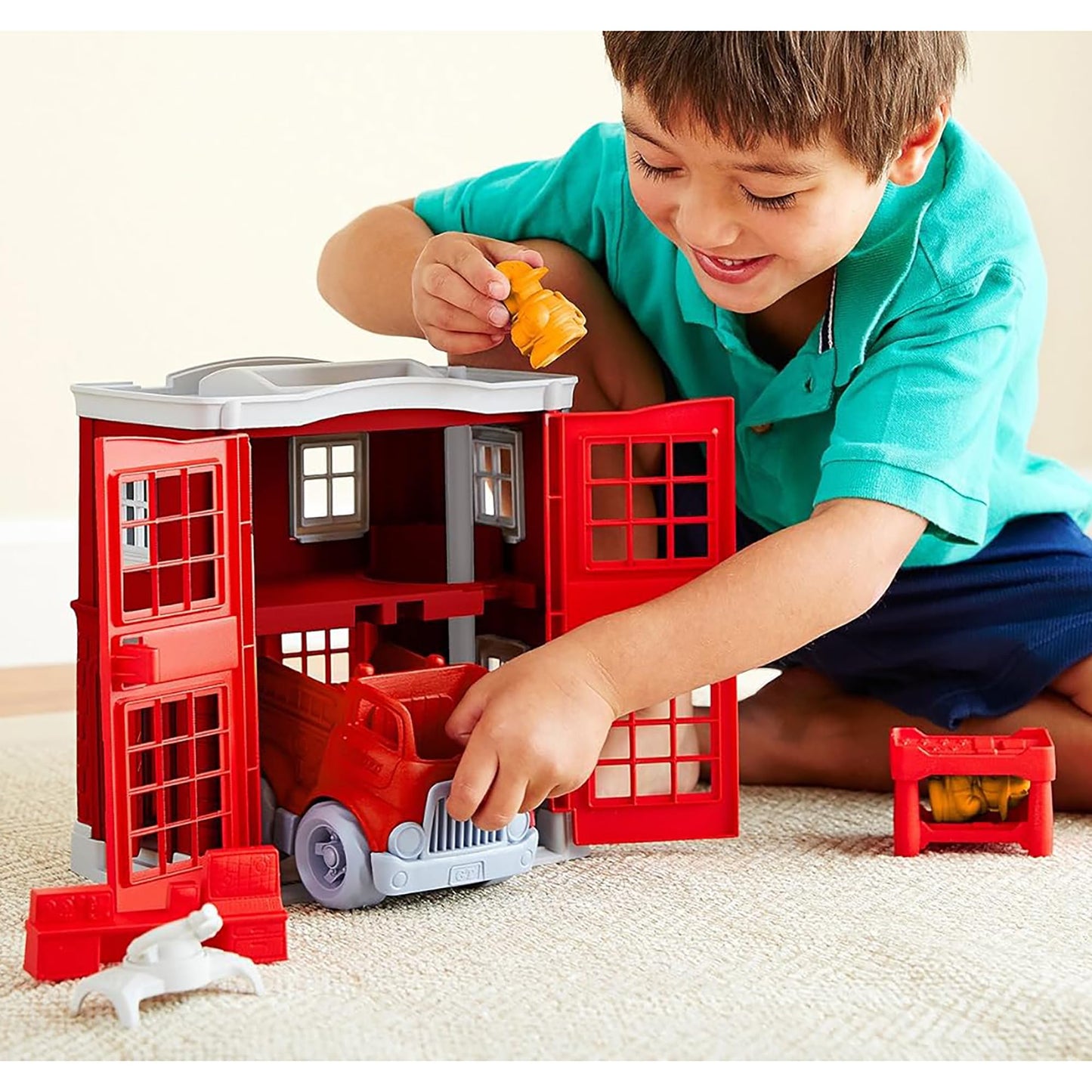 Green Toys Fire Station Playset - 8 Piece Pretend Play, Motor Skills, Language & Communication Kids Role Play Toy. No BPA, phthalates, PVC. Dishwasher Safe, Recycled Plastic, Made in USA.
