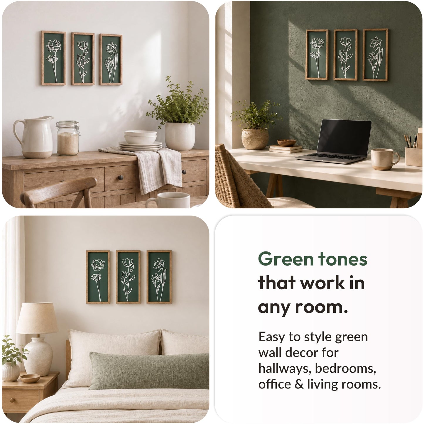 3D Floral Green Wall Art (Set of 3) Lightweight, Wooden Ready-to-Hang Boho Framed Wall Art for Bathroom, Master Bedroom, Living Room or Office - Premium Sage Green Farmhouse Decor - Gift-Boxed