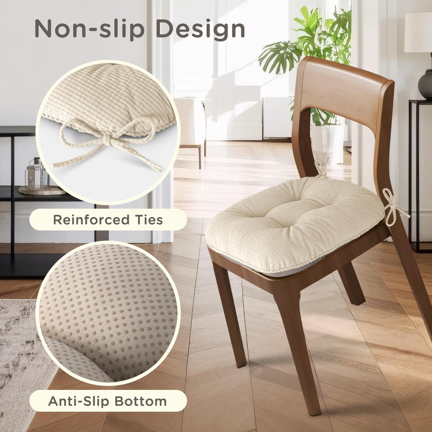 MineCozy Indoor Dining Chair Cushions Set of 6 Kitchen Chair Pads with Ties Tufted Seat Cushion with Anti-Slip Backing 17"X16"X3" Cream