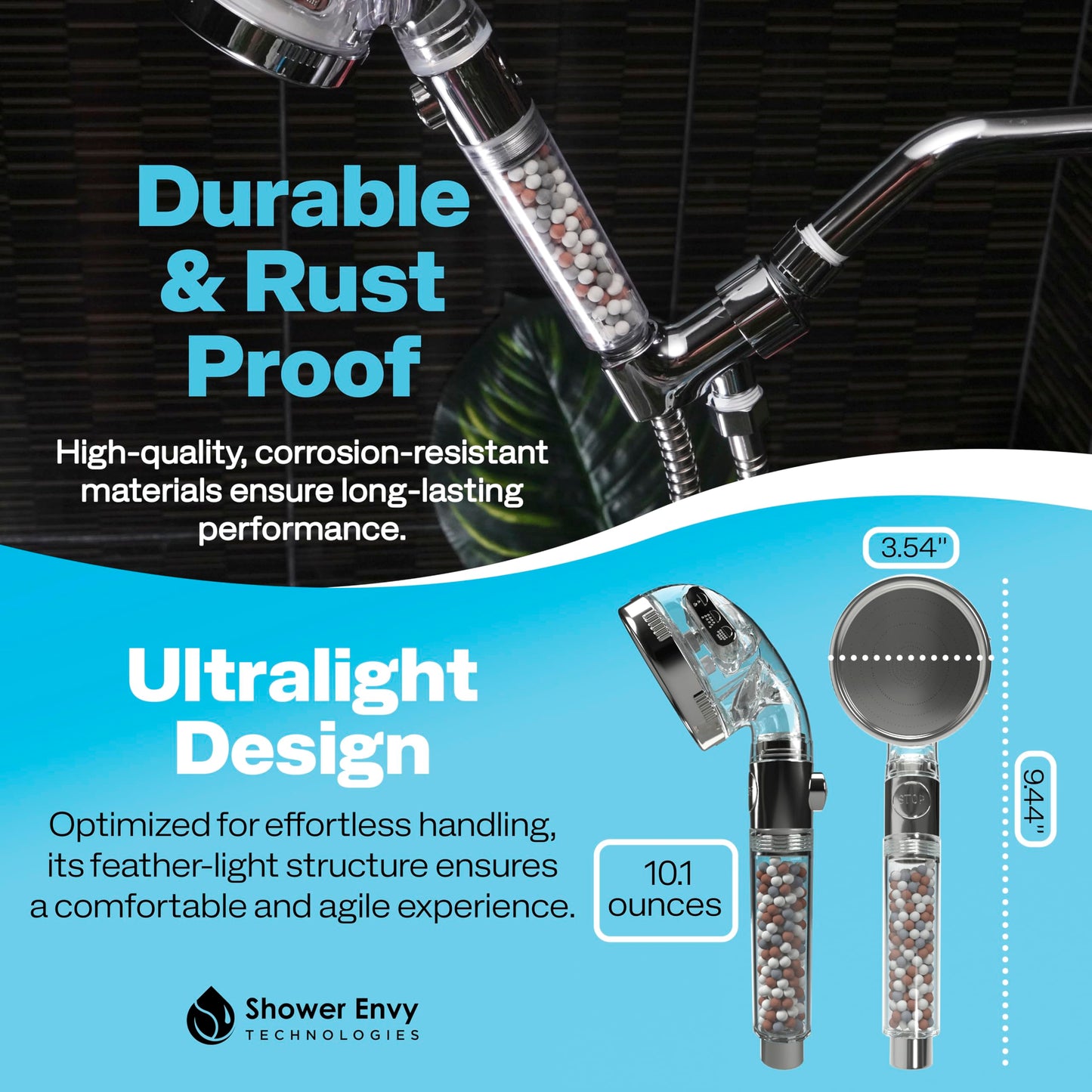 ShowerEnvy High-Pressure Filtered Shower Head – Ionic Beads, 3 Spray Modes, Flow-Pause Lever, Water Softener – Bathroom & RV Essential