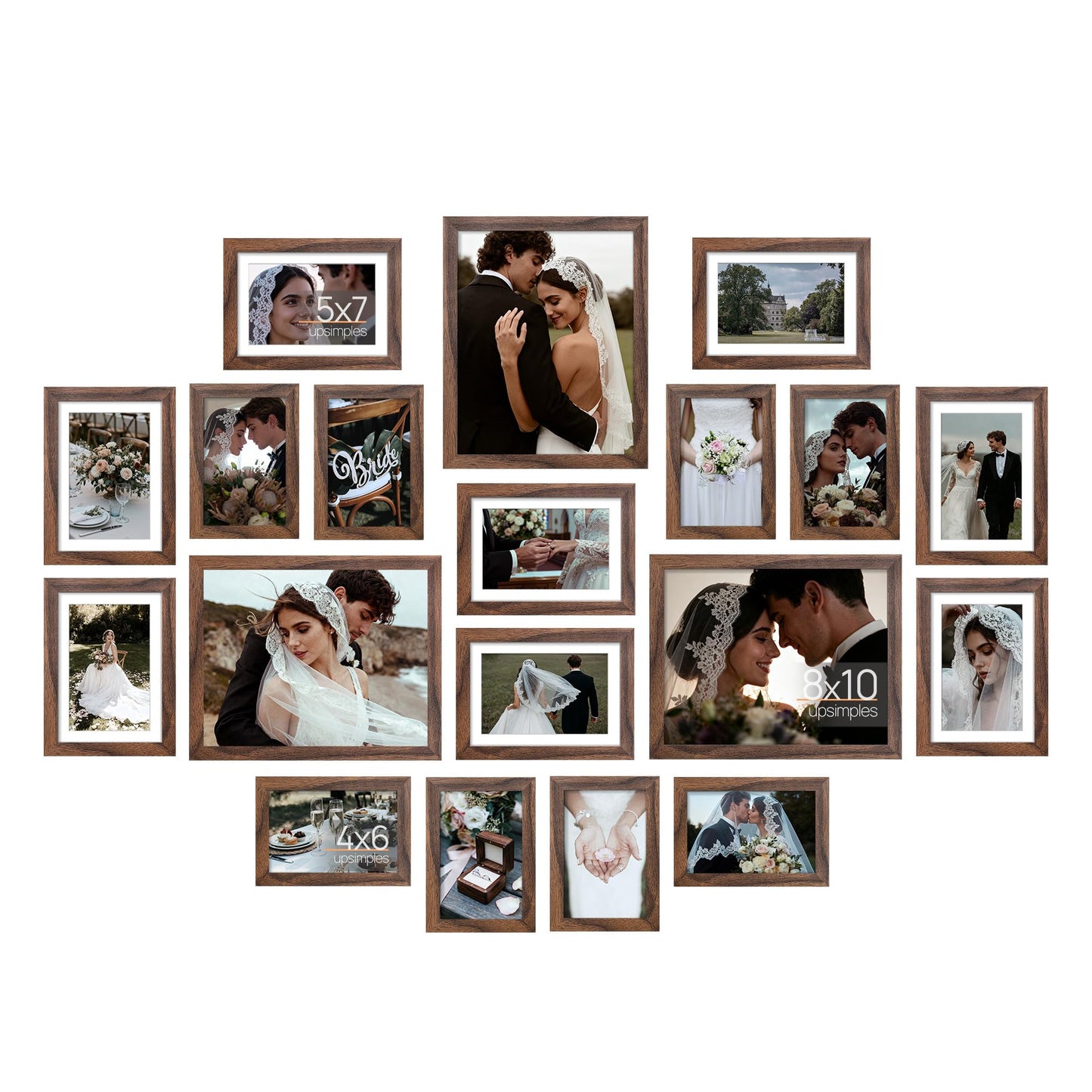 upsimples 19 Pack Picture Frames Collage Wall Decor for Mounting or Tabletop Display, Photo Gallery Frame Set for Family, Multi Sizes Including 8x10, 5x7, 4x6, Brown