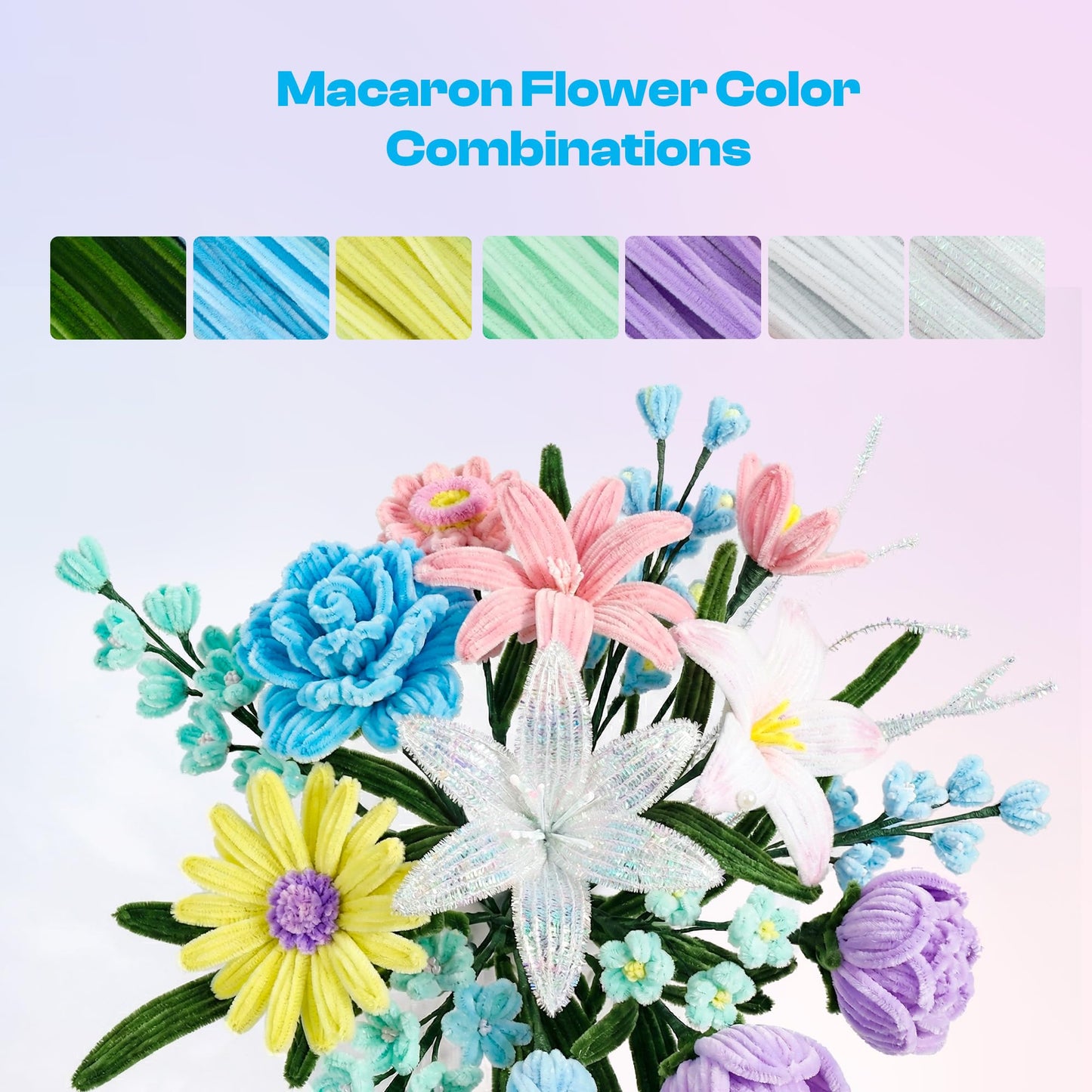Caydo 620 Pieces Pipe Cleaner Flower Kit, Macaron Colorful Craft Chenille Stems Bulk for Flowers Making, Pastel Pipe Cleaners for Art Projects and Mother's Day Creative Gift