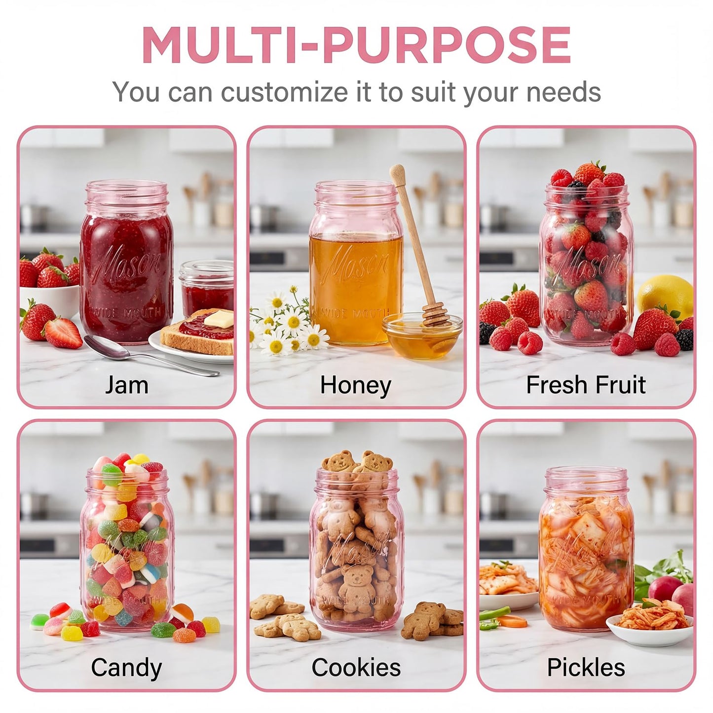 SUT Wide Mouth Mason Jars 32 oz,9 Pack Quart Mason Jars With Airtight lids and Bands,Pink Canning Jars 32 oz for Preserving,Meal Prep,Overnight Oats,Fermenting, Pickling