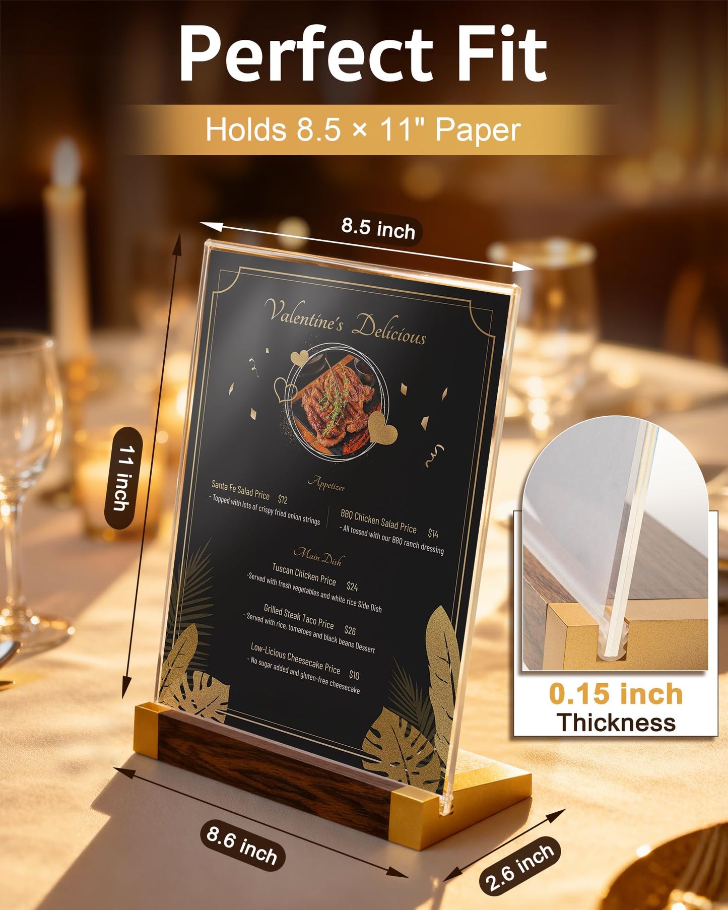 3 Pack Acrylic Sign Holder 8.5 x 11 Inch with Walnut Wood Base, Clear Tabletop Acrylic Display for Menu & Flyer Holder, Commercial Paper Stand for Restaurant, Office, Coffee, Bar, Wedding, Hotel