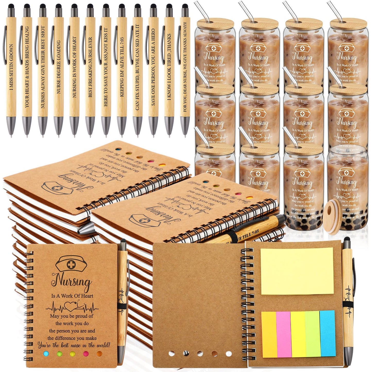 Resurhang 12 Sets/36 Pcs Nurse Week Appreciation Gifts Bulk Inspirational Spiral Notebook with Sticky Note, Ballpoint Pens and 17 oz Clear Glass Cup Thank You Gift for Medical Assistant Coworker