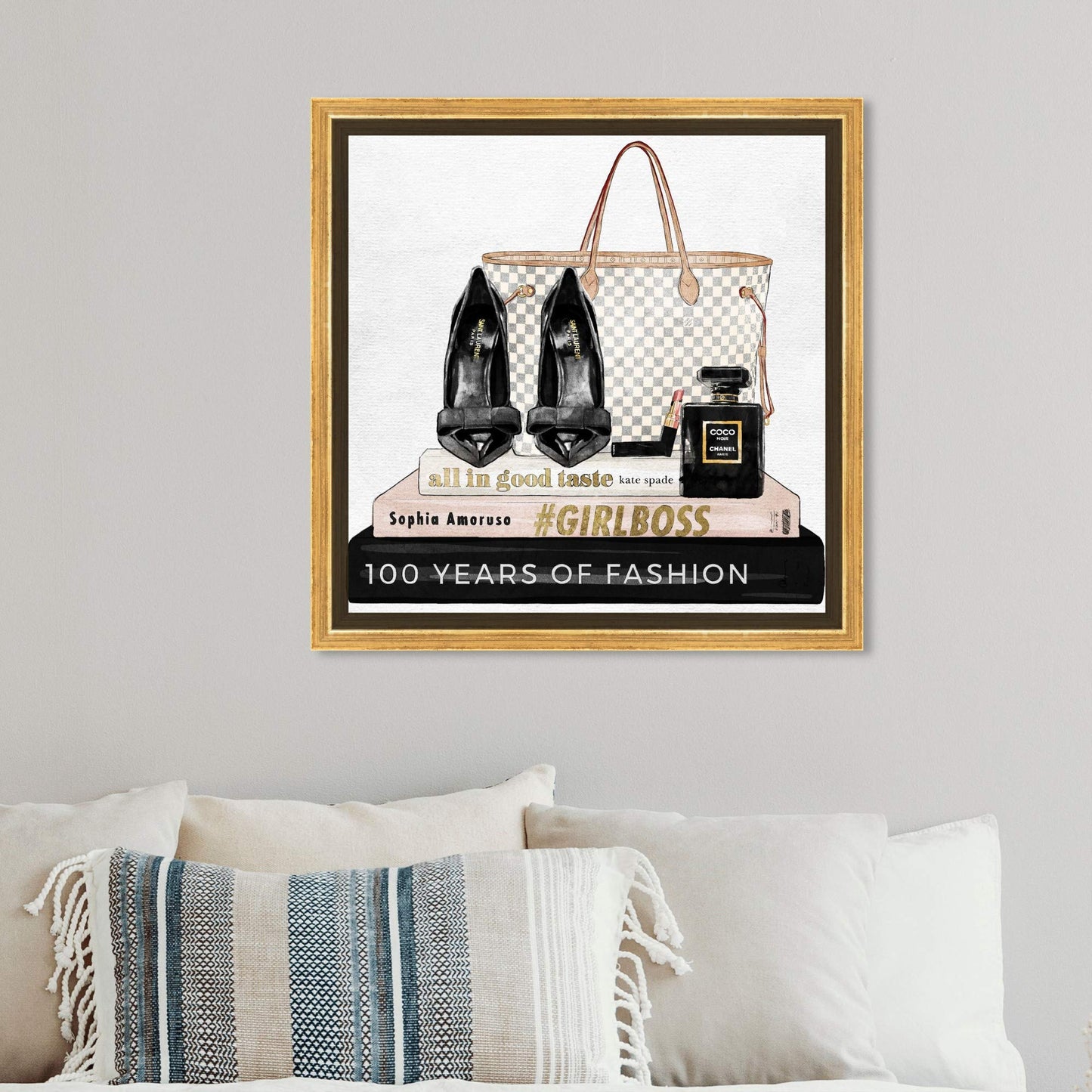 The Oliver Gal Artist Co. Fashion and Glam Wall Art Canvas Prints 'Going Out Books' Shoes Home Décor, 12 in x 12 in, Gold Frame