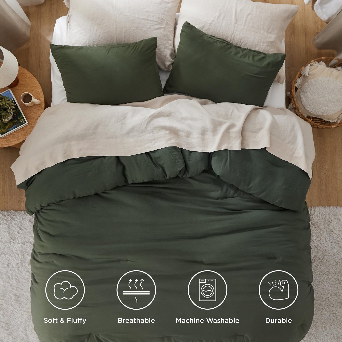 Bedsure Queen Size Comforter Set, Dark Green Soft Prewashed Bedding for All Seasons, 3 Pieces GentleSoft™ Warm Down Alternative Bed Set, 1 Lightweight Comforter (90"x90") and 2 Pillowcases (20"x26")