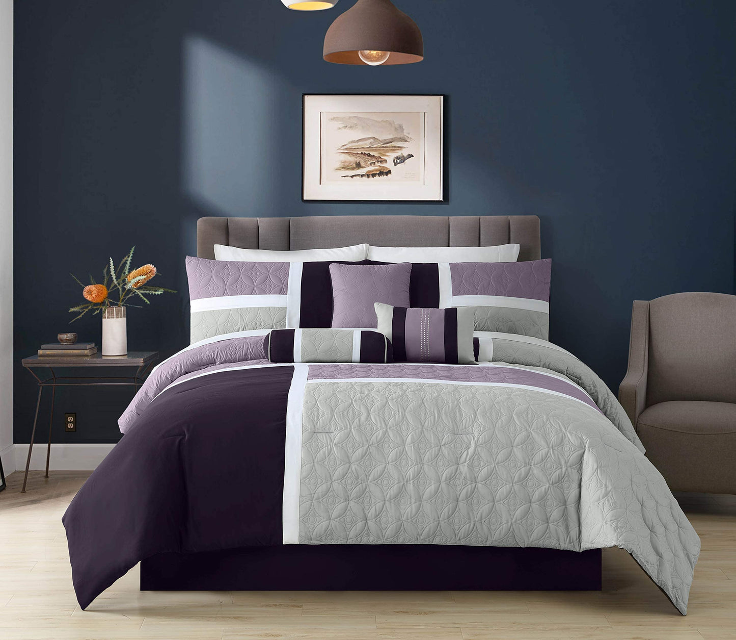Chezmoi Collection Upland 7-Piece Quilted Patchwork Comforter Set, Lavender/Gray/Purple, Queen