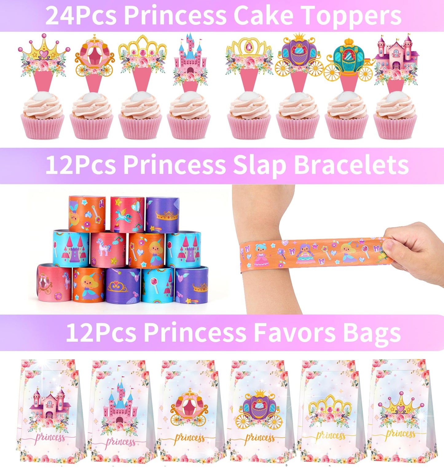 308PCS Princess Birthday Party Decorations Favors, Including Goodie Bags, Crown, Magic Wand, Straws, Bubble Wands, Stickers, Cake Toppers, Tattoo & More-Perfect for Party Decorations & Pinata Fillers