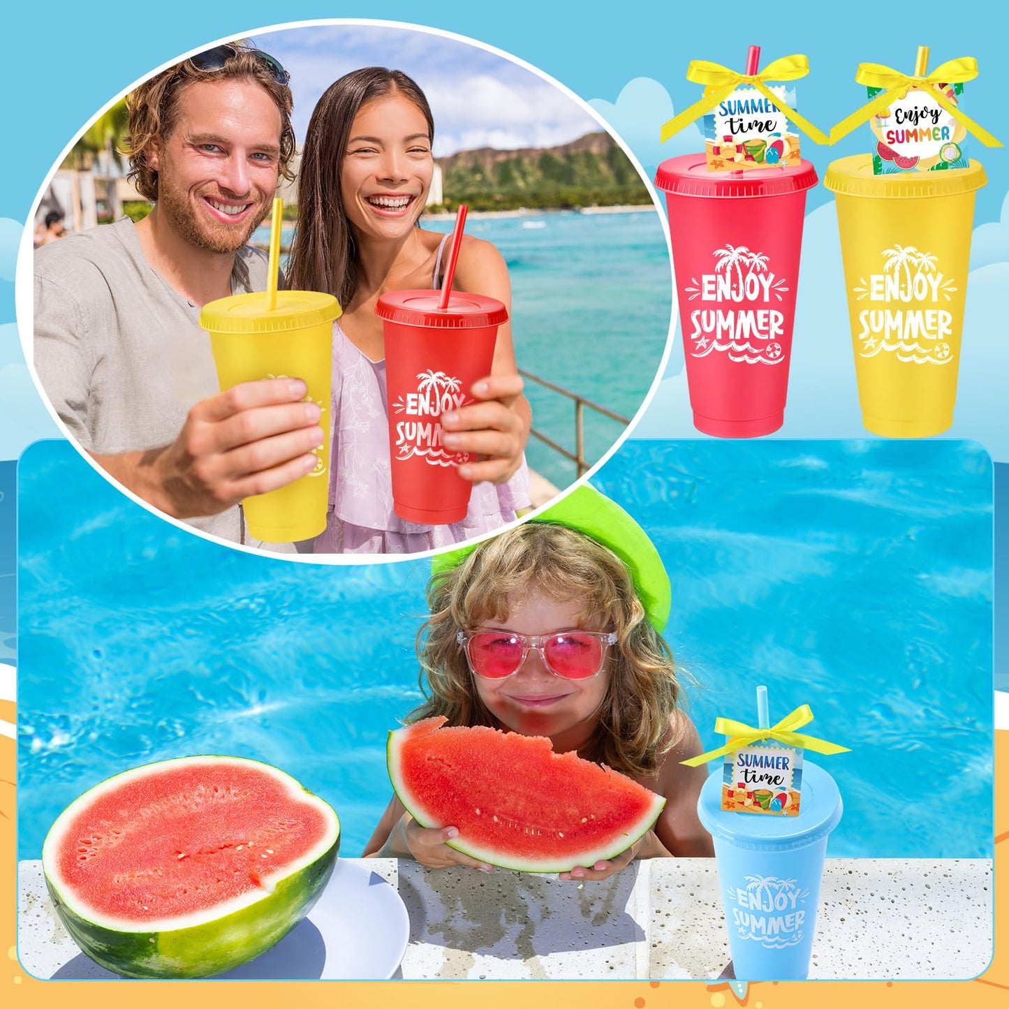 Honeydak 24 Sets End of the Year Gifts for Students Summer Tumbler Bulk 24 oz Plastic Tumbler Cup with Lids Straws and Greeting Card Appreciation Gift for Summer Beach Pool Party Favors Prizes